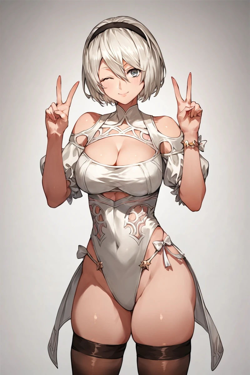 masterpiece, highest quality, Japanese traditional ink painting, 1girl,Nier Automata,2b, (solo:1.2), curvy, (masterpiece:1.2), (best quality:1.2), (perfect anatomy:1.4), (standing:1.4), (confident:1.2), smile, (large breasts:1.4), (cowboy shot:1.2),, hm2b, black blindfold, covered eyes, mole under mouth, clothing cutout, long sleeves, puffy sleeves, juliet sleeves, feather trim, black thighhighs, black gloves, black dress, black skirt, (post fight scenery:1.3), rubble, outside, daylight, modeseven, (super curvy:1.3), comic style, (vibrant colors:1.2), (huge breasts:1.1)