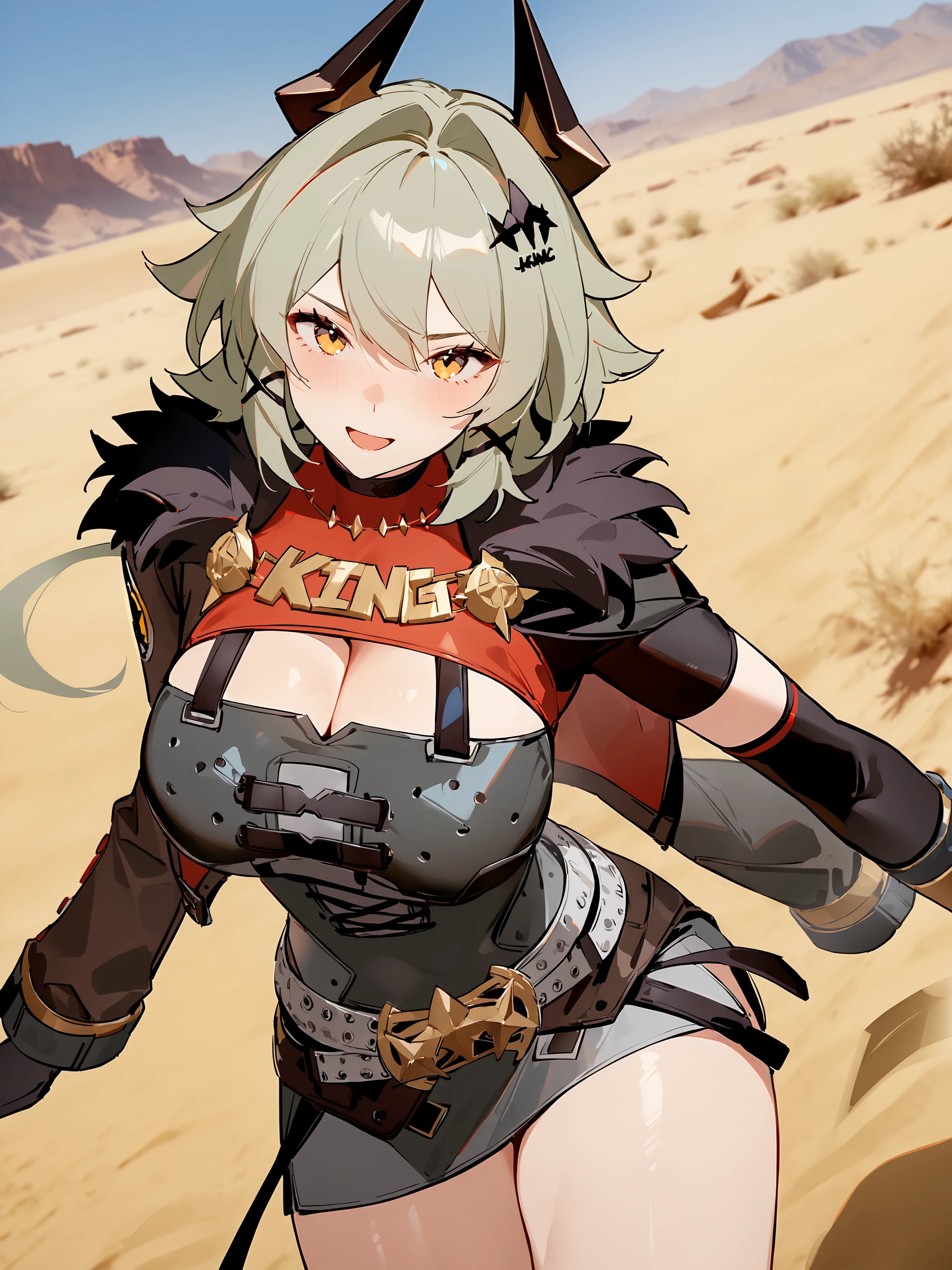 1girl, caesar king \(zenless zone zero\), horns, x hair ornament, hairclip, turtleneck sweater, mechanical arms, pencil dress, fur-trimmed jacket, arm out of sleeve, looking at viewer, smiling, open mouth, desert, outdoors, depth of field, standing, cowboy shot <lora:Char-ZZZ-Caesar-XL-V1:0.9>, masterpiece, best quality, very aesthetic, ray tracing, newest,(hitenkei, askzy:0.5)