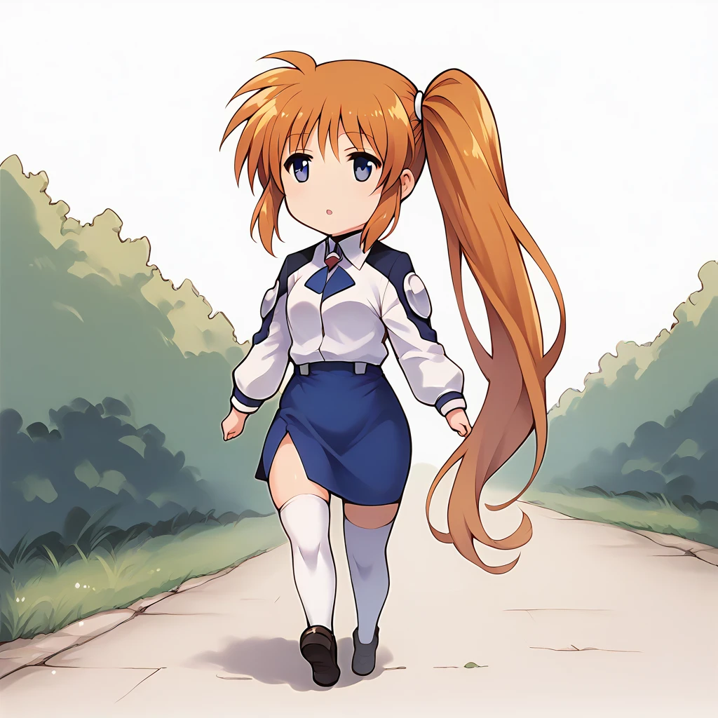 score_9, score_8_up, score_7_up,bdchibi,1girl,solo,  <lora:[pony]bdchibi:1>,full body, (white background:1.3), takamachi nanoha, whiteuniform,side ponytail, very long hair, outdoors,  looking afar, walking, white legwear, <lora:takamachi nanoha pony:0.6>,parted lips,blue pencil skirt,