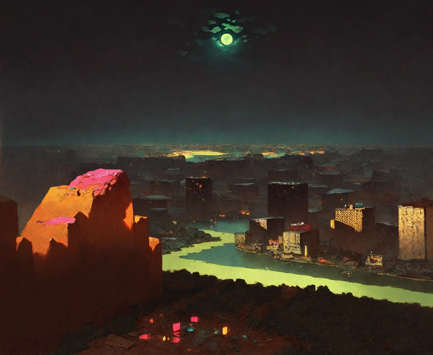 <lora:arkhip-kuindzhi_pony_v1:1> ' city ' by kuindzhiarkhip in 1879, landscape \(genre\), impressionism \(style\),   deep awe-inspiring gorge with layers of colorful rock formations with a moon in the background, glowing cityscape reflecting on a river, score_9, score_6_up, score_7_up