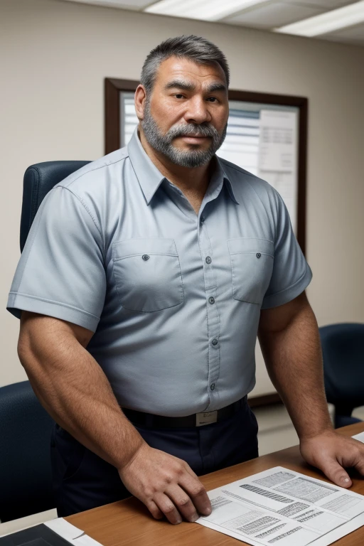 voluptuous inuit man, work shirt, government office