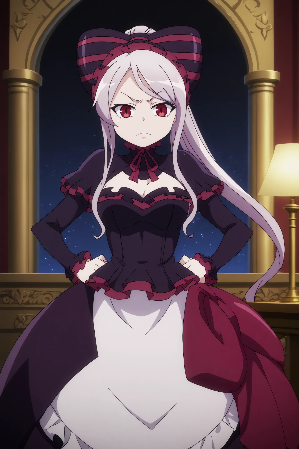 1girl,solo,shalltear bloodfallen,long hair,frills,dress,pale skin,bow,vampire,ponytail,fang out,split pupils,looking at viewer,indoors,gothic castle,dark,clock,chandelier,decoration,roses,upper body,smile,good_hands 
<lora:Shalltear_Bloodfallen_-_OverLord:0.8>

