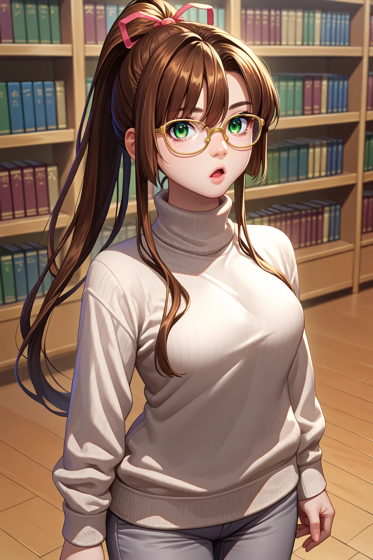 score_9, score_8_up, score_7_up, score_6_up, source_anime, 1girl, solo, <lora:kirasakasayaka-pdxl-nvwls-v1-000005:1> stbsk, brown hair, green eyes, ponytail, hair ribbon, white sweater, turtleneck, grey pants, glasses, looking at you, chestnut mouth, library