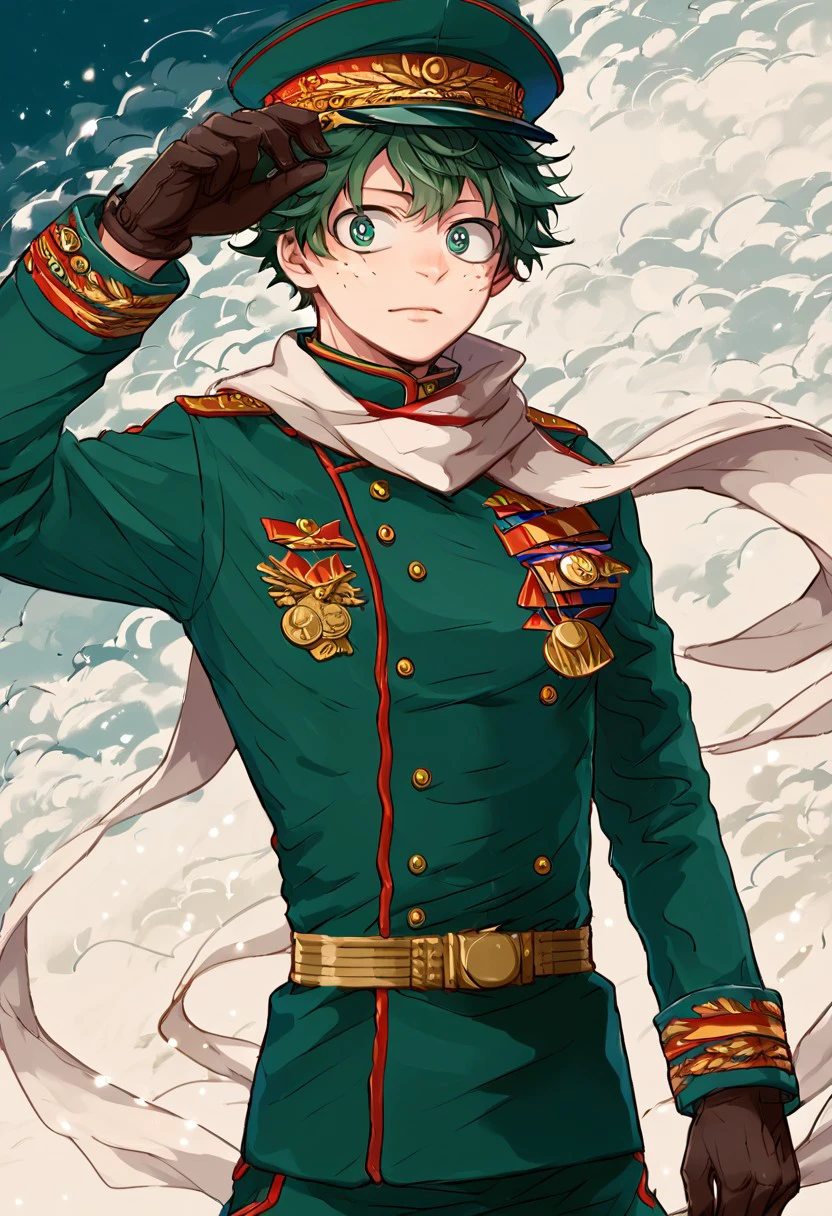 score_9, score_8_up, source_anime, highly detailed, highly detailed eyes,deku,green hair,green eyes,short hair,freckles,military uniform, medal, hat, gloves, boots, uniform, male focus, solo, Soviet Union uniforms, military,military jacket,medal,belt, skinny, slender