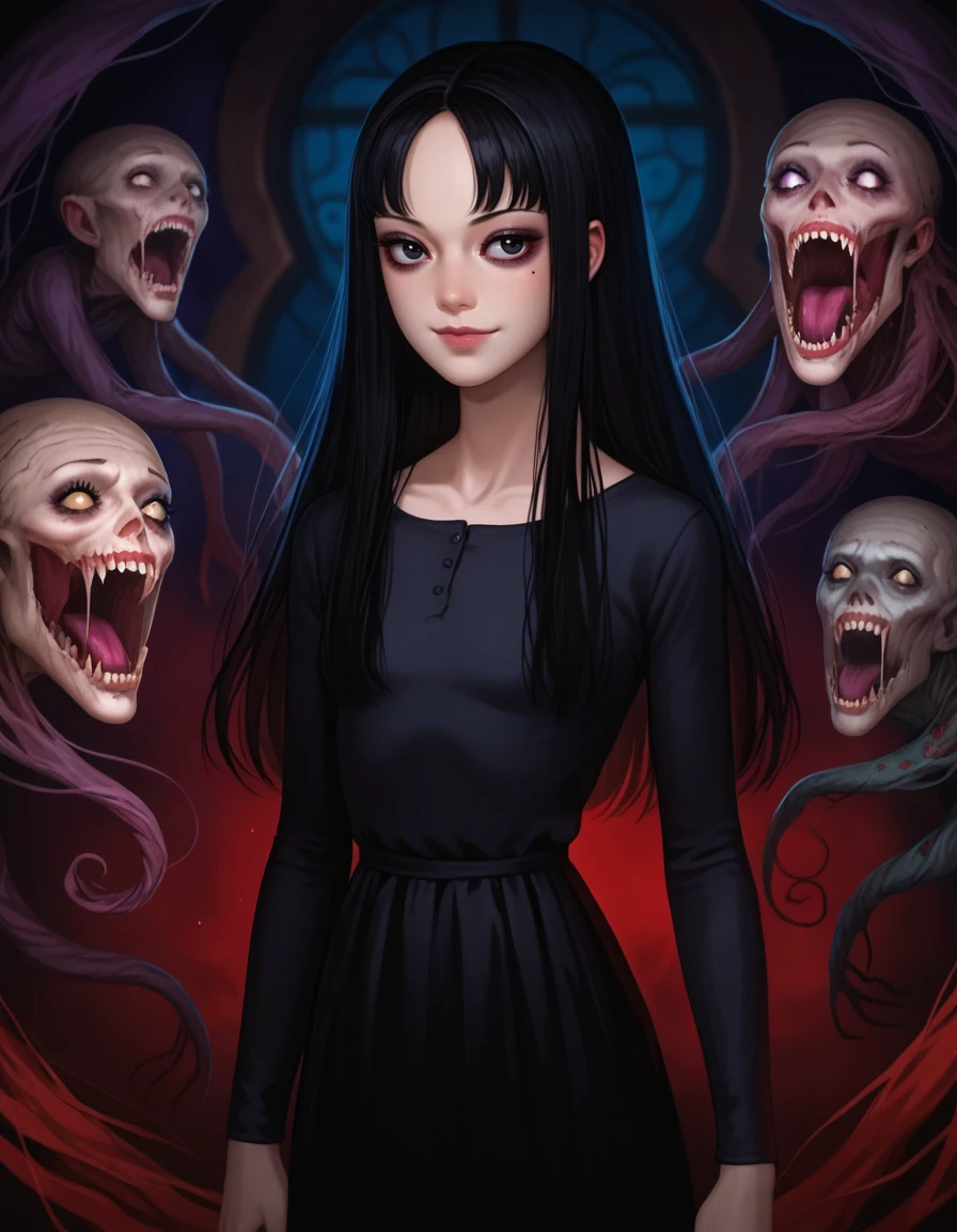 score_9, score_8_up, score_7_up, score_6_up,1girl,black hair,standing,skinny,very long hair,<lora:junjinitostyle01:0.8>,junjito,black eyes,solo,tomie, black dress,light smile,disturbing,horror theme,dark shadows,junji ito,haunted mansion,dark,ghost,monster