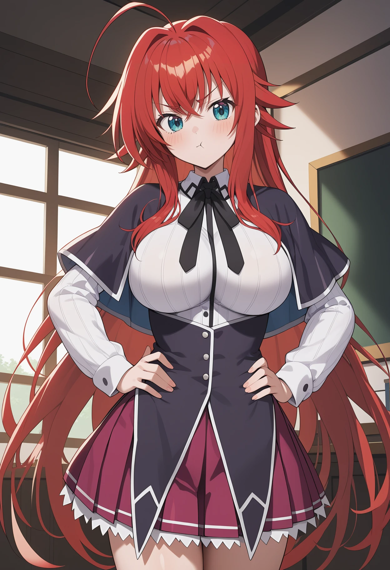 score_9, score_8_up, score_7_up, score_6_up, score_5_up, score_4_up, source_anime, aarias, long hair, red hair, ahoge, blue eyes, large breasts, school uniform, black capelet, neck ribbon, white shirt, long sleeves, underbust, miniskirt, purple skirt, <lora:rias_gremory_ponyxl_v1:0.9>, standing, cowboy shot, hands on own hips, indoors, pout,