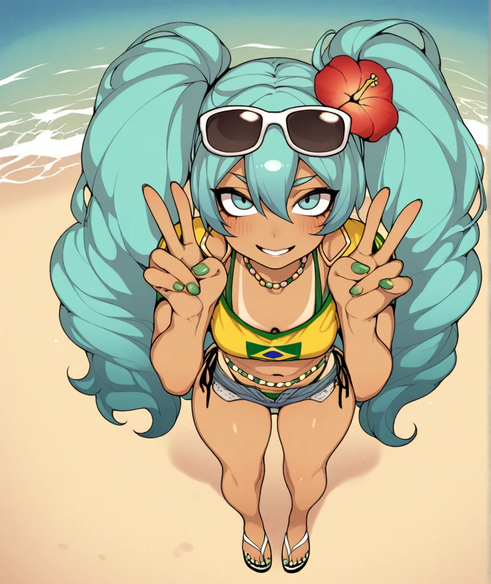 in summer beach, sunshine, 1girl, (ebony skin:1.4), black people, (dreadlocks:1.2), big smile, (large breasts:1.2), singing,
