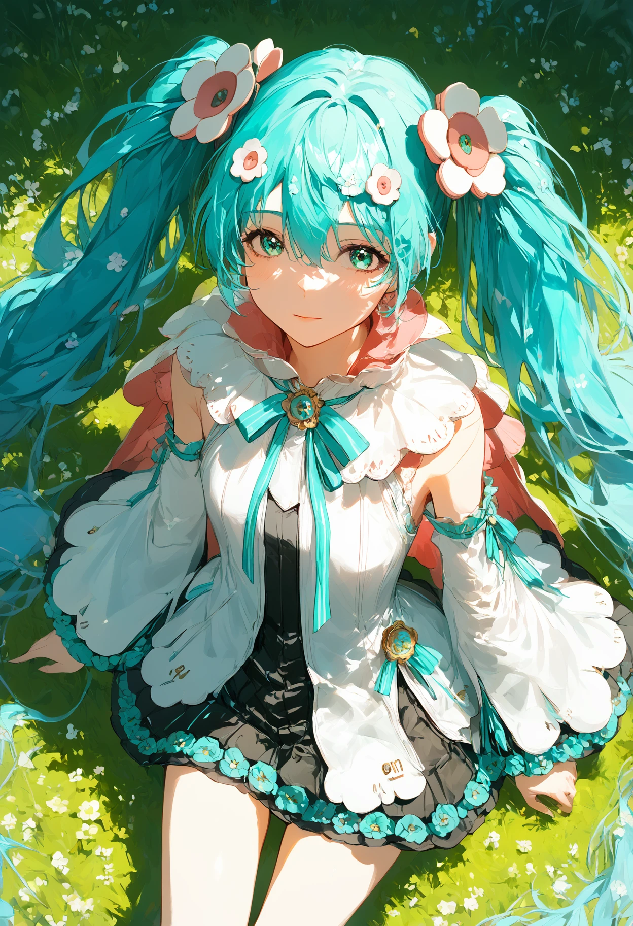 score_9,score_8_up,score_7_up,,source_anime BREAK, 1girl, solo,, MHM21, hatsune miku, hair ornament, flower, twintails, magical mirai miku, long hair, detached sleeves, aqua hair, very long hair,  wide sleeves, medallion, white sleeves, aqua ribbon, aqua eyes, cape, hair between eyes  s1_dram, from above, on grass<lora:ãã¸ã«ã«ãã©ã¤2021:1>,<lora:S1_Dramatic_Lighting_v2:0.8>