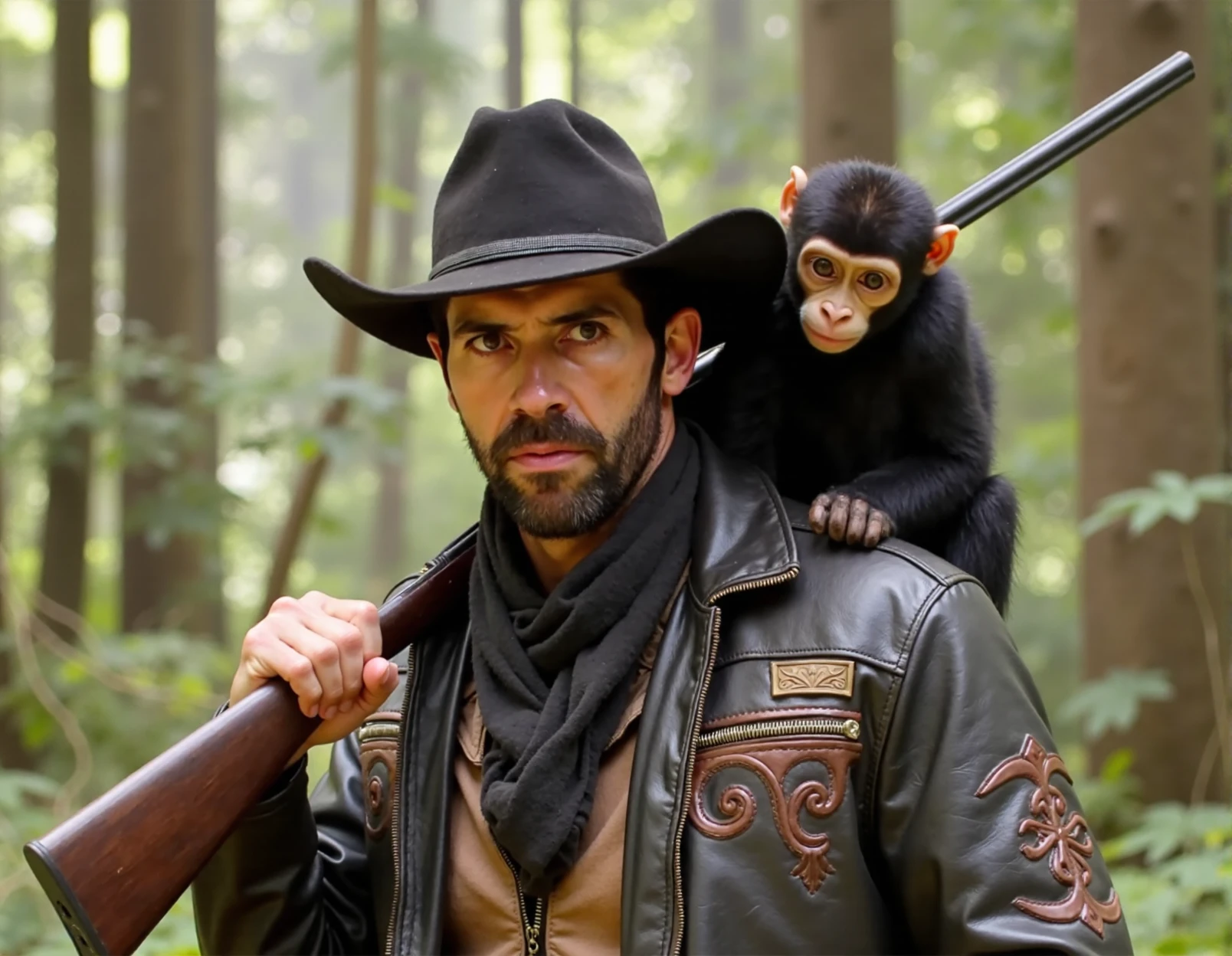 a high-resolution photograph featuring a scottadk man and a monkey in a lush, forested environment. The man is centrally positioned, standing with a determined expression. He is wearing a black cowboy hat, a black leather jacket with intricate brown leather detailing, and a black scarf around his neck. His beard is neatly trimmed, and he has a serious, focused look on his face. He is carrying a rifle over his left shoulder, with the barrel pointing upward. The monkey, which is perched on his right shoulder, has a black fur coat and curious, expressive eyes. The monkey's hands are gently clasped around the man's neck, indicating a close bond between them. The background is filled with tall trees and dense foliage, suggesting a deep, untouched forest. The lighting is natural, likely from sunlight filtering through the trees, creating a warm, inviting atmosphere. The textures of the man's leather jacket and the monkey's fur contrast with the soft, green hues of the forest. The overall mood of the image is one of adventure and companionship, set in a wild, natural environment.  <lora:scott_8_16_140_COS:1>