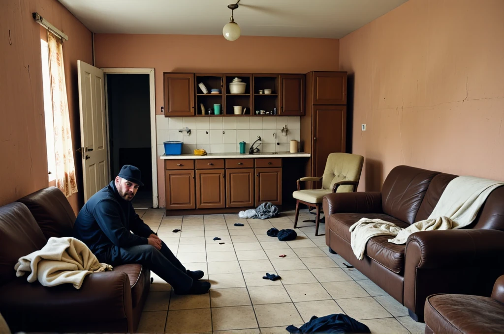 This is a high-resolution photograph depicting a cluttered, dilapidated room with a strong sense of neglect. The room is filled with various items, including furniture, clothing, and debris, scattered across the floor. The walls are painted in a faded peach color, with visible cracks and peeling paint. 
To the left, a man, wearing a black hat and a dark jacket, is seated on the floor, surrounded by piles of clothes and blankets. 
The background features a small kitchen area with a sink and a few cabinets, some of which are open, revealing a cluttered interior. The floor is tiled in a light beige color, and the room is dimly lit, with a single light fixture hanging from the ceiling. The overall atmosphere is one of disarray and abandonment.  <lora:real_mess_flux_v1:0.8> <lora:anti-bokeh_add_weak:0.5>