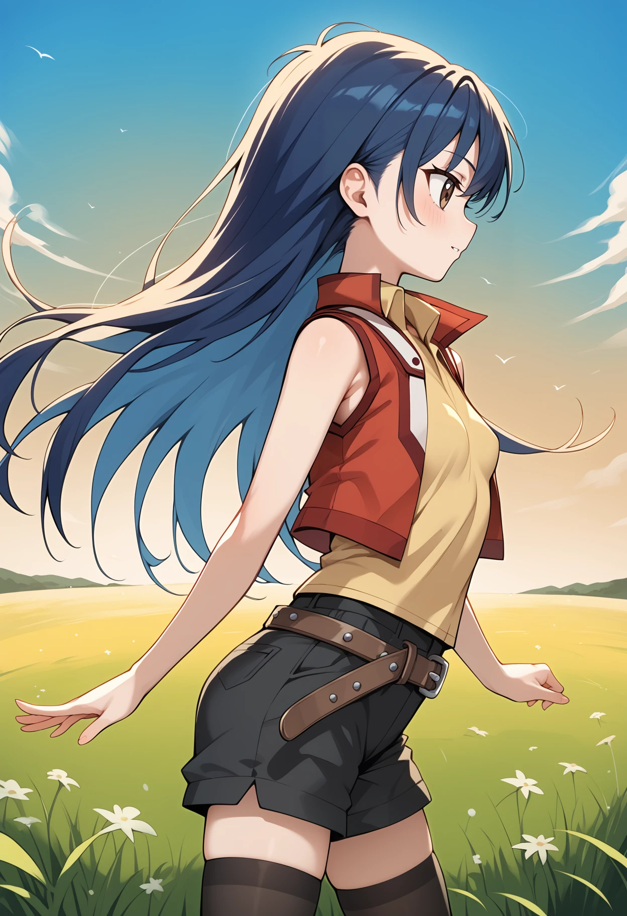 score_9, score_8_up, score_7_up, score_6_up, score_5_up, score_4_up, source_anime, aarei, long hair, blue hair, brown eyes, small breasts, collared shirt, yellow shirt, red jacket, sleeveless, belt, black shorts, black thighhighs, <lora:saotome_rei_ponyxl_v1:0.9>, from side, wind, field, looking at another, standing, cowboy shot, solo