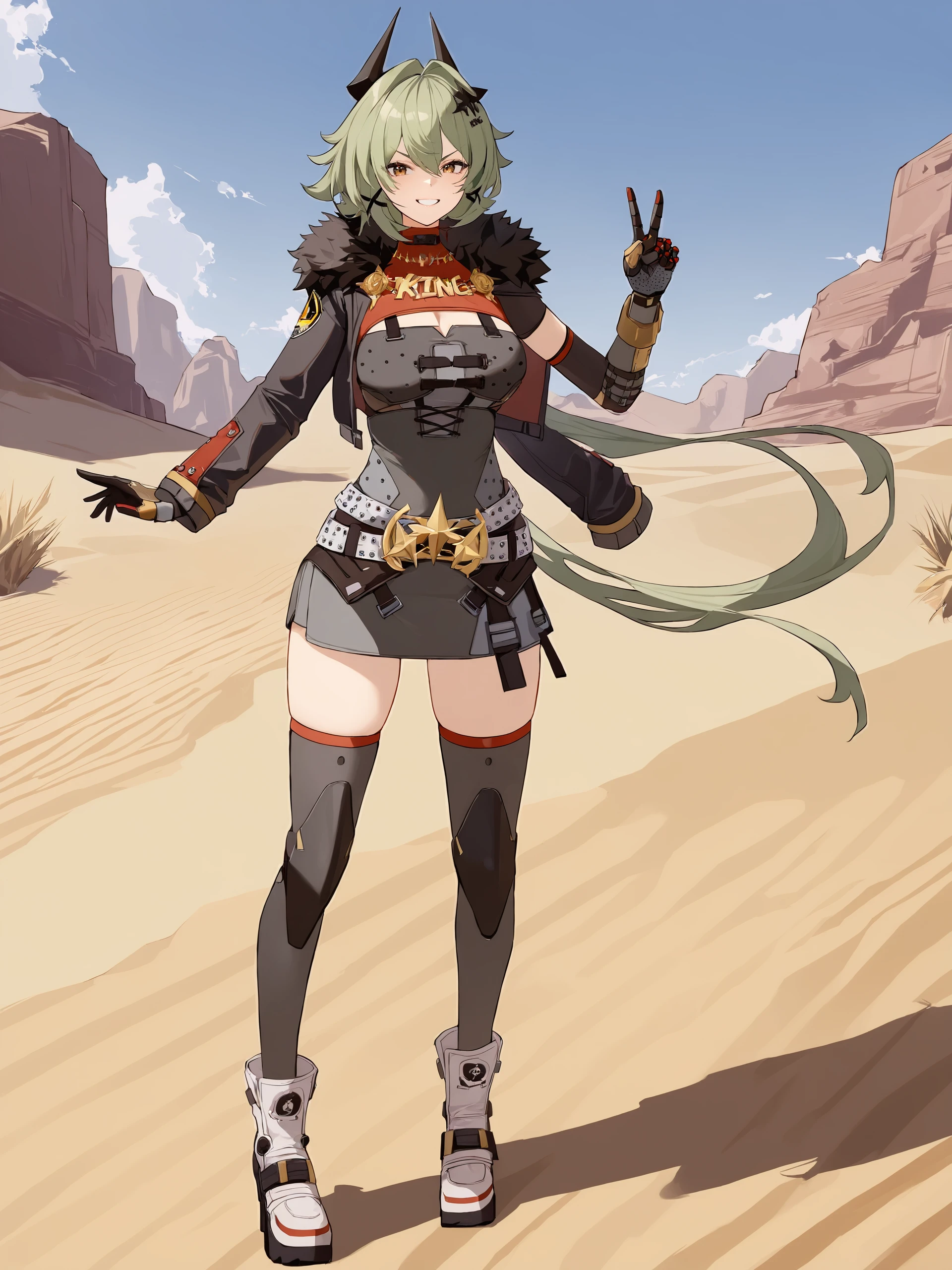 1girl, caesar king \(zenless zone zero\), horns, x hair ornament, hairclip, turtleneck sweater, mechanical arms, pencil dress, fur-trimmed jacket, arm out of sleeveknee pads, ankle boots, full body, standing, grin, v-shaped eyebrows, looking at viewer, v, floating hair, outdoors, desert <lora:Char-ZZZ-Caesar-XL-V1:0.9>,  illustration, incredibly absurdres, ultra detailed, masterpiece, best quality, [<lora:detailed_notrigger:0.95>::0.5]