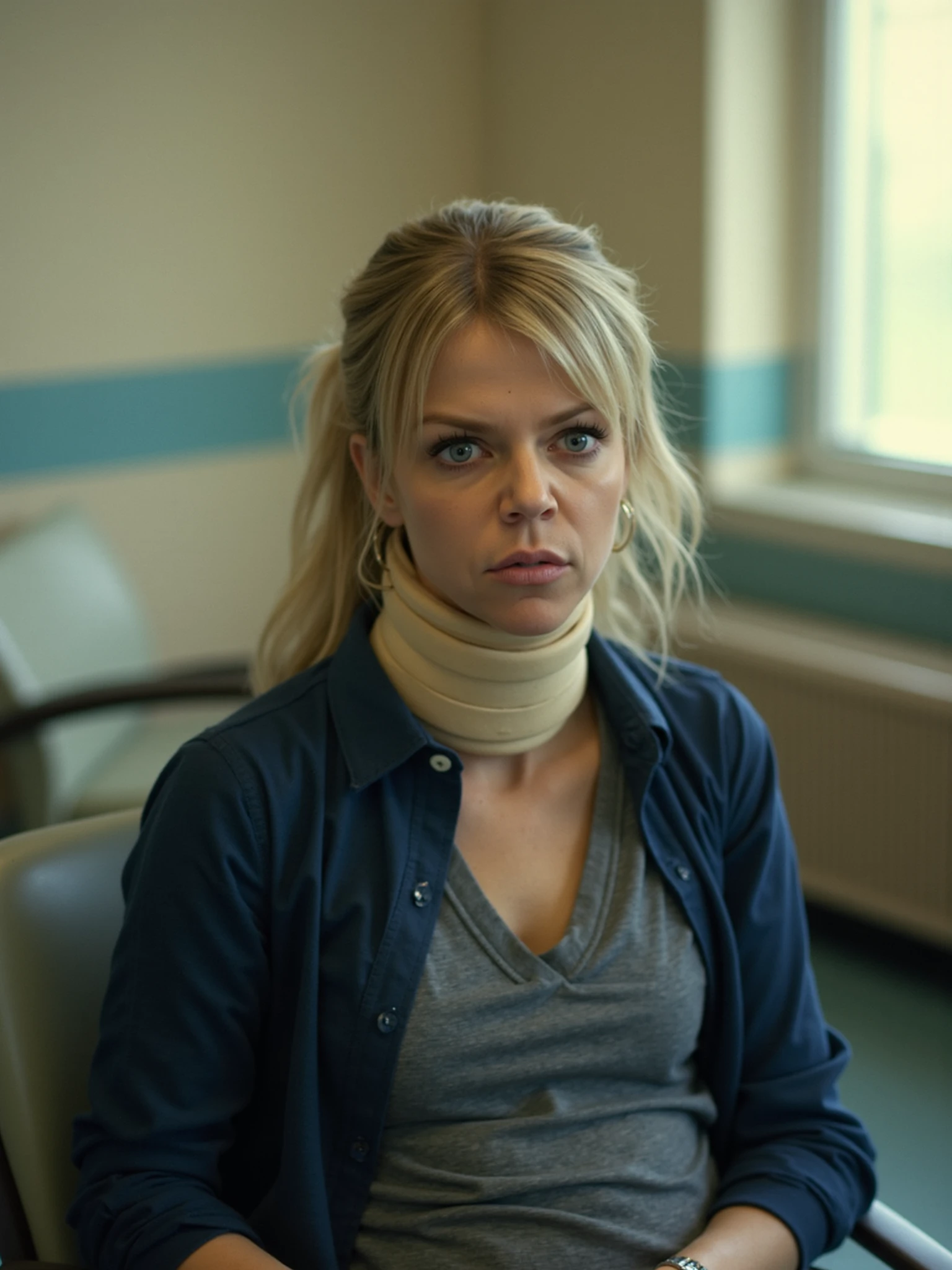  retro filter,  woman k4tl1n,film grain, kaitlin olson, she is wearing a dark blue long sleeve shirt with a grey shirt underneath it, she has a beige neck brace around her neck, a cut on her face, sitting in a hospital waiting room, 