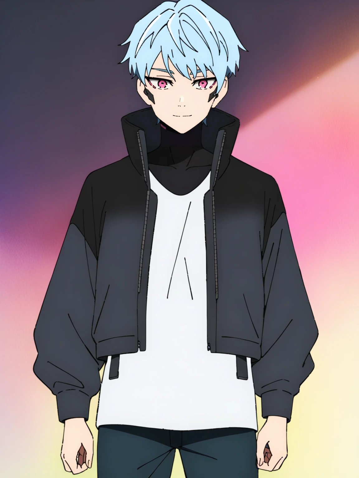 <lora:Kami_no_Tou-DoRA_V1:0.85>
very aesthetic, newest, best quality, masterpiece, absurdres, 1boy, male focus, pink eyes, light blue hair, short hair, light smile, black jacket, open jacket, white t-shirt, cyberpunk, cowboy shot, straight-on, gradient background, grey background