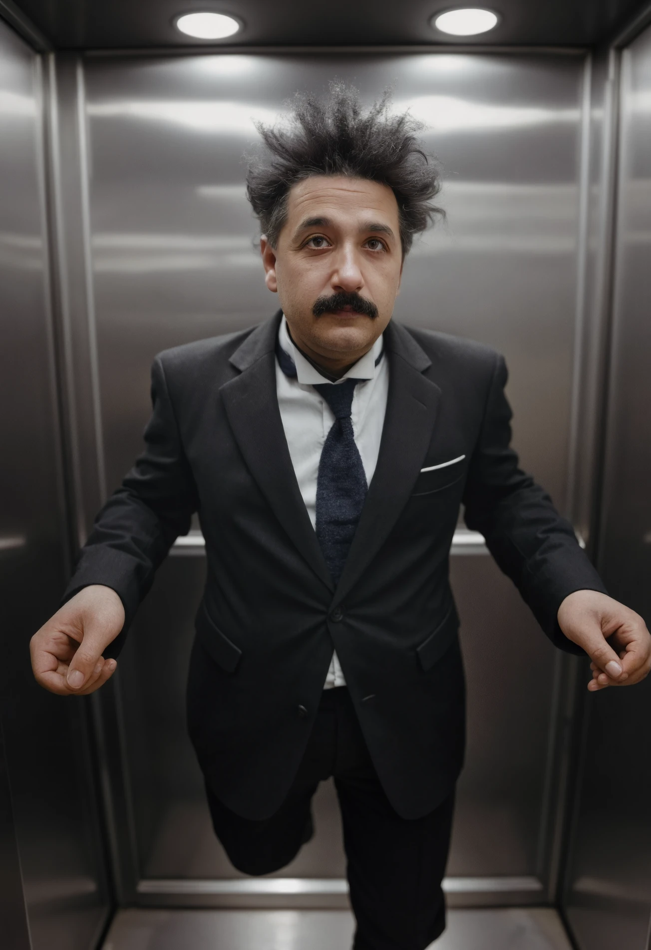 Digital Photo, young man, classical suit, he is levitating inside an elevator, floating man, zero gravity, dark full curly hair, clean shaven but with a mustache, professional photography, amazing composition and image quality