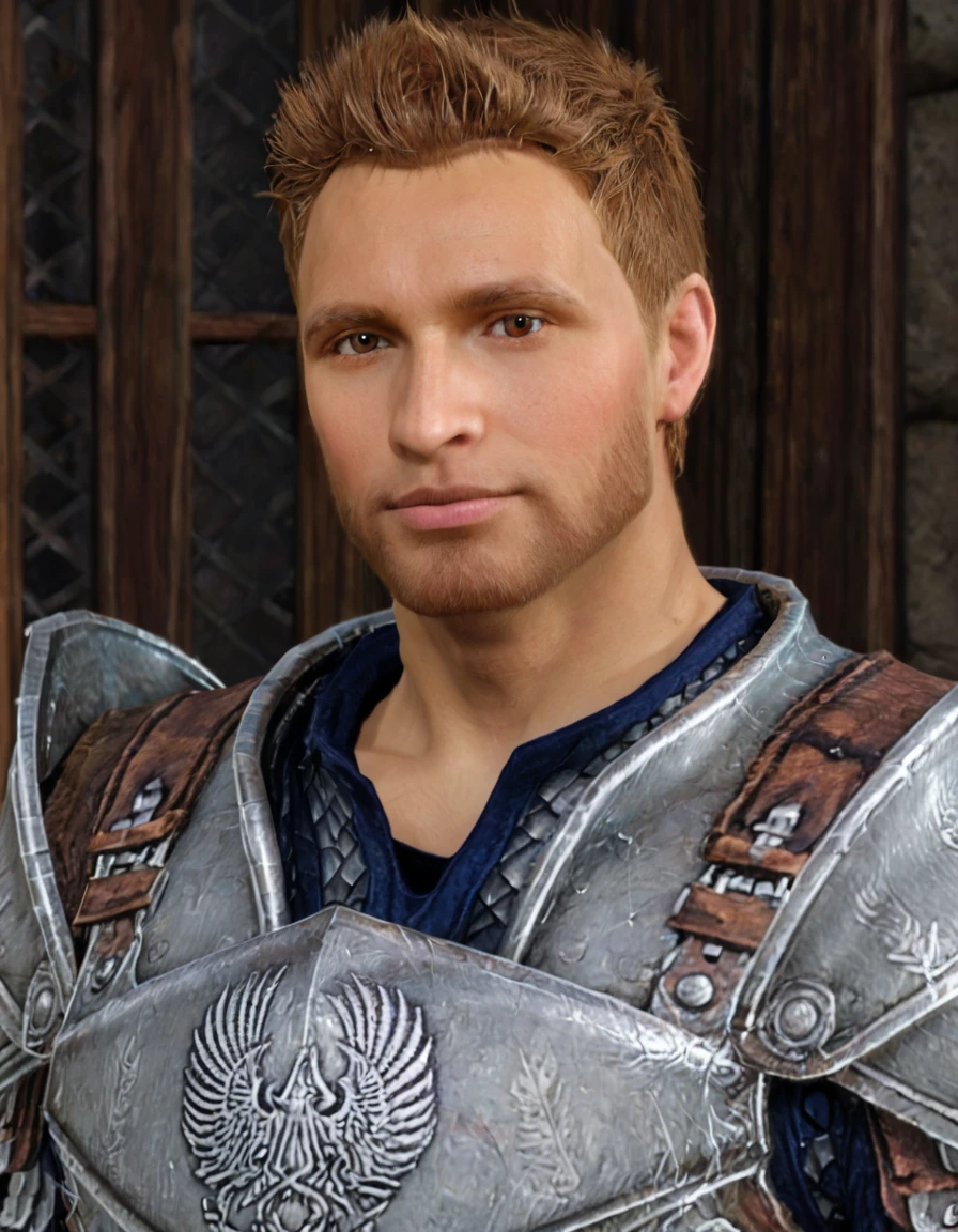 high quality, realistic, masterpiece, fantasy background
BREAK <lora:Dragon Age - Alistair Theirin - (Pony)_epoch_7:1>, (da_alistair, male, brown eyes, facial hair, warden armor), looking at viewer