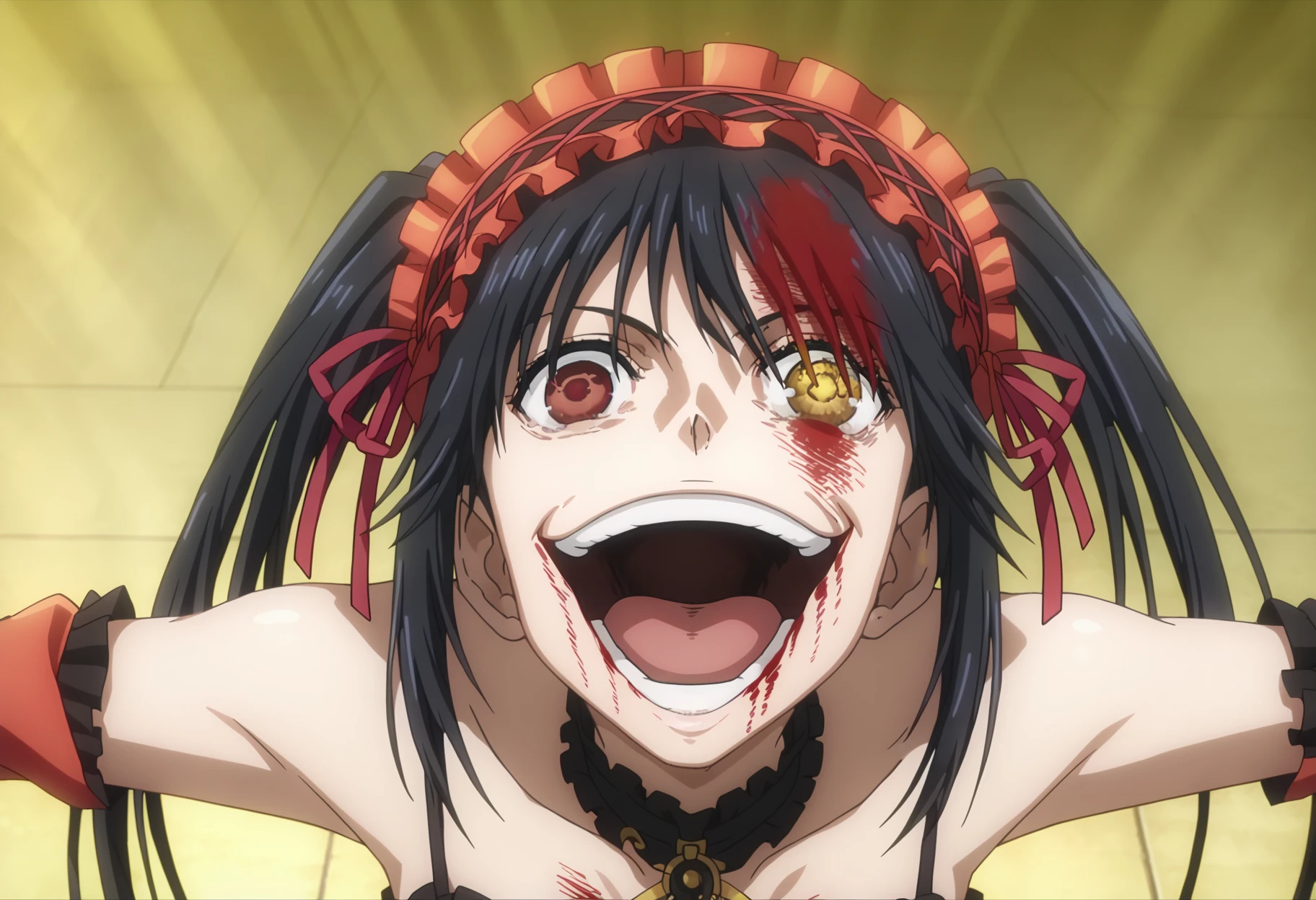 score_9, score_8_up, score_7_up, source_anime,
BREAK
 <lora:shigojoenV1:1>, gojoendef, crazy eyes, crazy smile, 
looking at viewer, smile, open mouth, upper body, teeth, tongue, blood, outstretched arms, blood on face, blood on clothes, 
1girl, solo, anime screencap, anime coloring, 
<lora:shiKurumiV2:1> kurdef, long hair, black hair, twintails, red eyes, yellow eyes, clock eyes,hairband, heterochromia, bare shoulders, detached sleeves, choker, red dress, cleavage, bow,