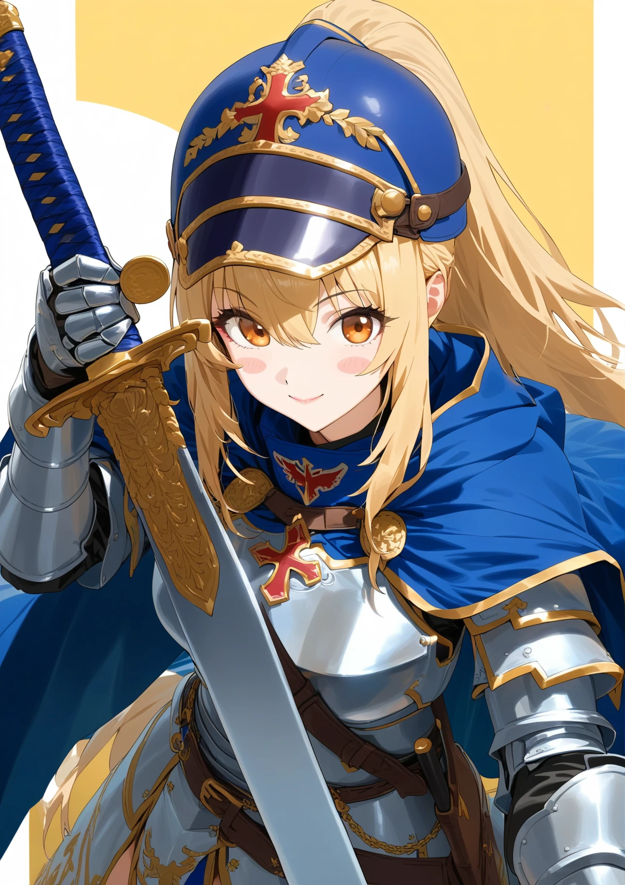 1girl, 
solo, blue headwear, holding weapon, blonde hair, smile, red headwear, scabbard, black hairband, red lips, helmet, chainmail, unsheathed, long sword, rerebrace, armored gloves, armor, gold trim, two-sided cape, gauntlets, blue cloak, cross, long hair, breasts, unsheathing, holding sheath, makeup, cape, breastplate, closed mouth, ornate, two-sided fabric, two-sided cloak, eyeshadow, two-tone headwear, scimitar, yellow background, multicolored clothes, looking at viewer, blue tunic, sword, shoulder armor, sabaton, lips, cloak, medium breasts, weapon, faulds, ponytail, pauldrons, pink eyeshadow, blush stickers, full armor, sheath, holding sword, knight, purple headwear, sword maiden rion, brown footwear, orange eyes, holding, french army, gold coin, coin, eyes visible through headwear, greatsword, belt, gold, cuirass, boots, hair between eyes, thigh boots, long scarf, brown belt, hairband, 
masterpiece, best quality, newest, absurdres, highres
 <lora:zeta_style_momomo-000011:1>