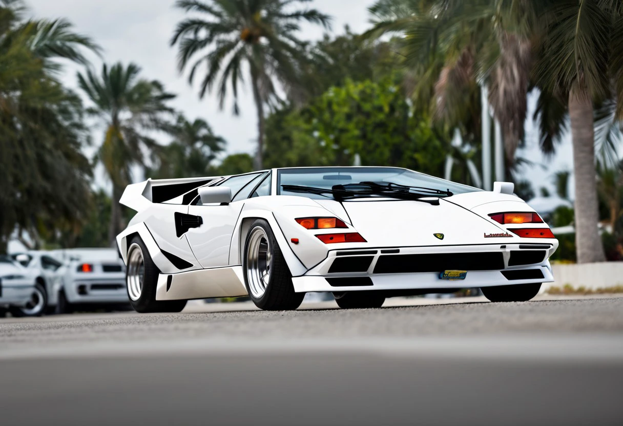 Lamborghini Countach, white, front quarter, cruising in Miami