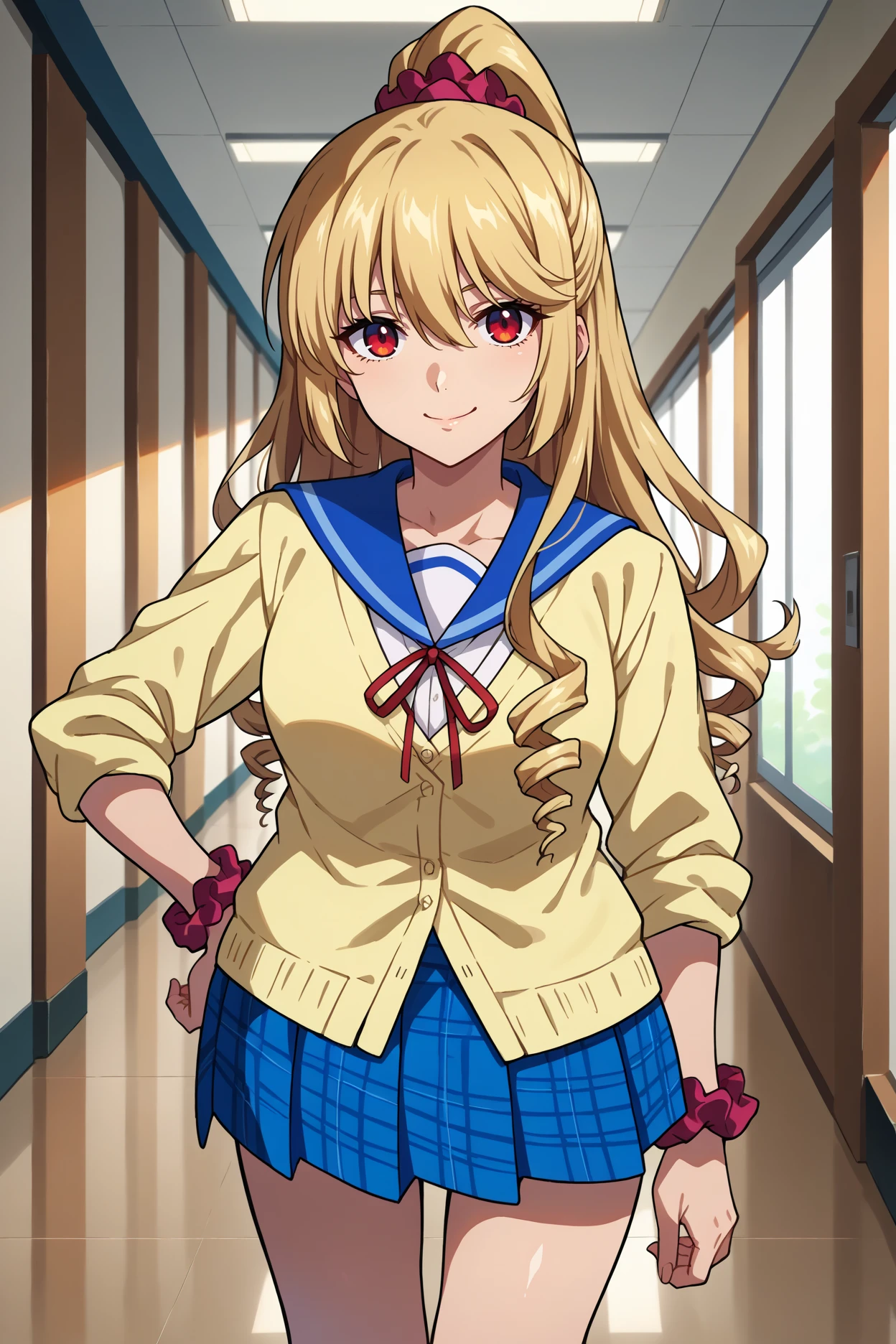 score_9, score_8_up, score_7_up, score_6_up, source_anime, 1girl, solo, <lora:aibaasagi-pdxl-nvwls-v1-000005:1> aibastb, blonde hair, long hair, drill hair, high ponytail, red eyes, hair scrunchie, yellow cardigan, blue sailor collar, red ribbon, neck ribbon, sleeves rolled up, blue skirt, pleated skirt, plaid skirt, wrist scrunchie, breasts, hand on hip, smile, looking at you, hallway