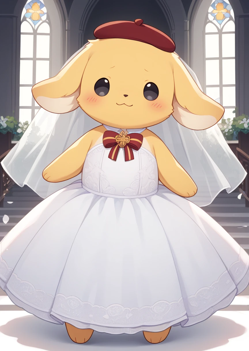 score_9, score_8_up, score_7_up, score_6_up, score_5_up, BREAK
Purin, antro, male, no humans, solo, :3, red headwear, beret, furry, yellow fur, church, black eyes, cute, blush, Wedding dress, wedding dress, dynamic pose