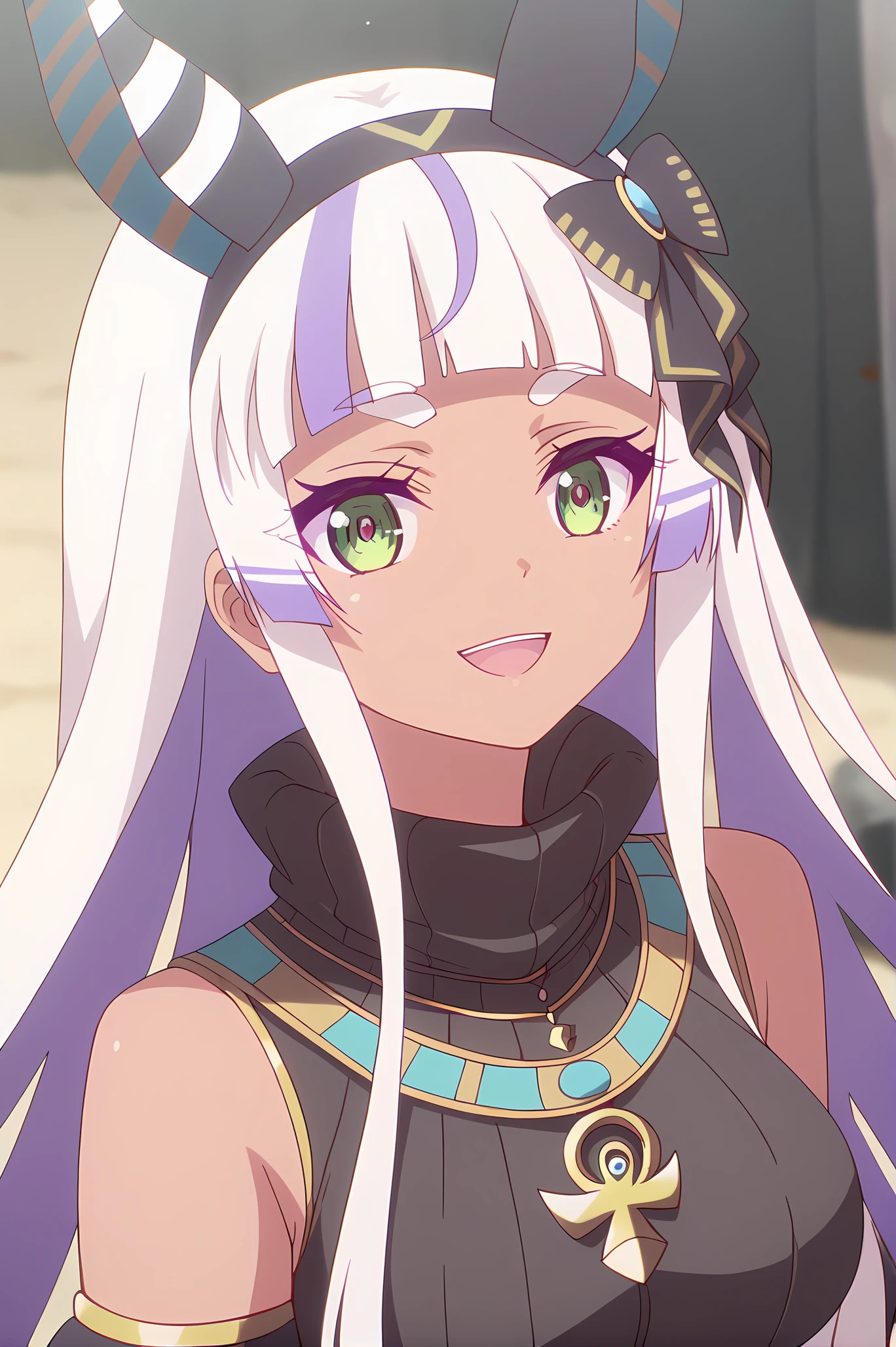 (egyptian clothes:1.20), gg-anubis, necklace, hairband, white hair, multicolored hair, long hair, dark skin, jackal ears, green eyes, medium breasts, 1girl, solo, skinny, score_9, score_8_up, score_8, score_7_up, score_7, score_6_up, score_6, score_5_up, score_5, source_anime, happy, night sky outdoors, (close-up:1.20), (:1.20), , <lora:gg-anubis-V01-000003:1.00>