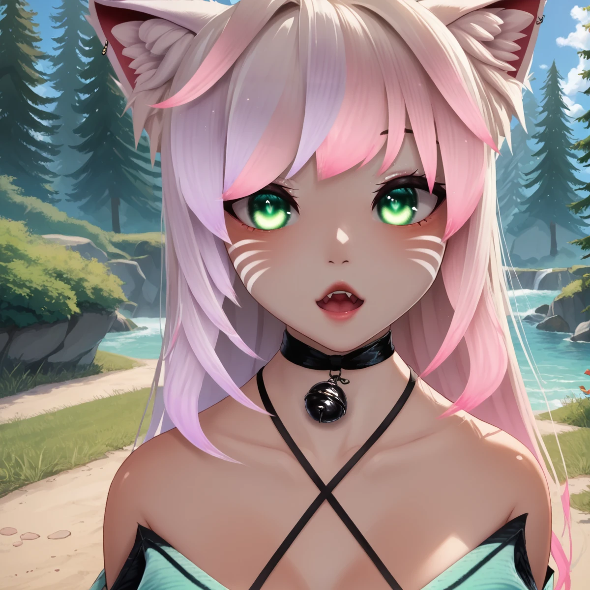 score_6, score_9, score_8_up, score_7_up, BREAK source_anime,
1girl, solo, long hair, looking at viewer, open mouth, bangs, animal ears, bare shoulders, green eyes, upper body, pink hair, multicolored hair, choker, cat ears, dark skin, off shoulder, bell, fangs, black choker, facial mark, jingle bell, neck bell, whisker markings, Kiwi2.0,
 <lora:Kiwi2-Ven-Ponyxl-V1:1>, source_anime, <lora:Real_Anime_v2:0.2>,  <lora:mfcgXL:0.2>,