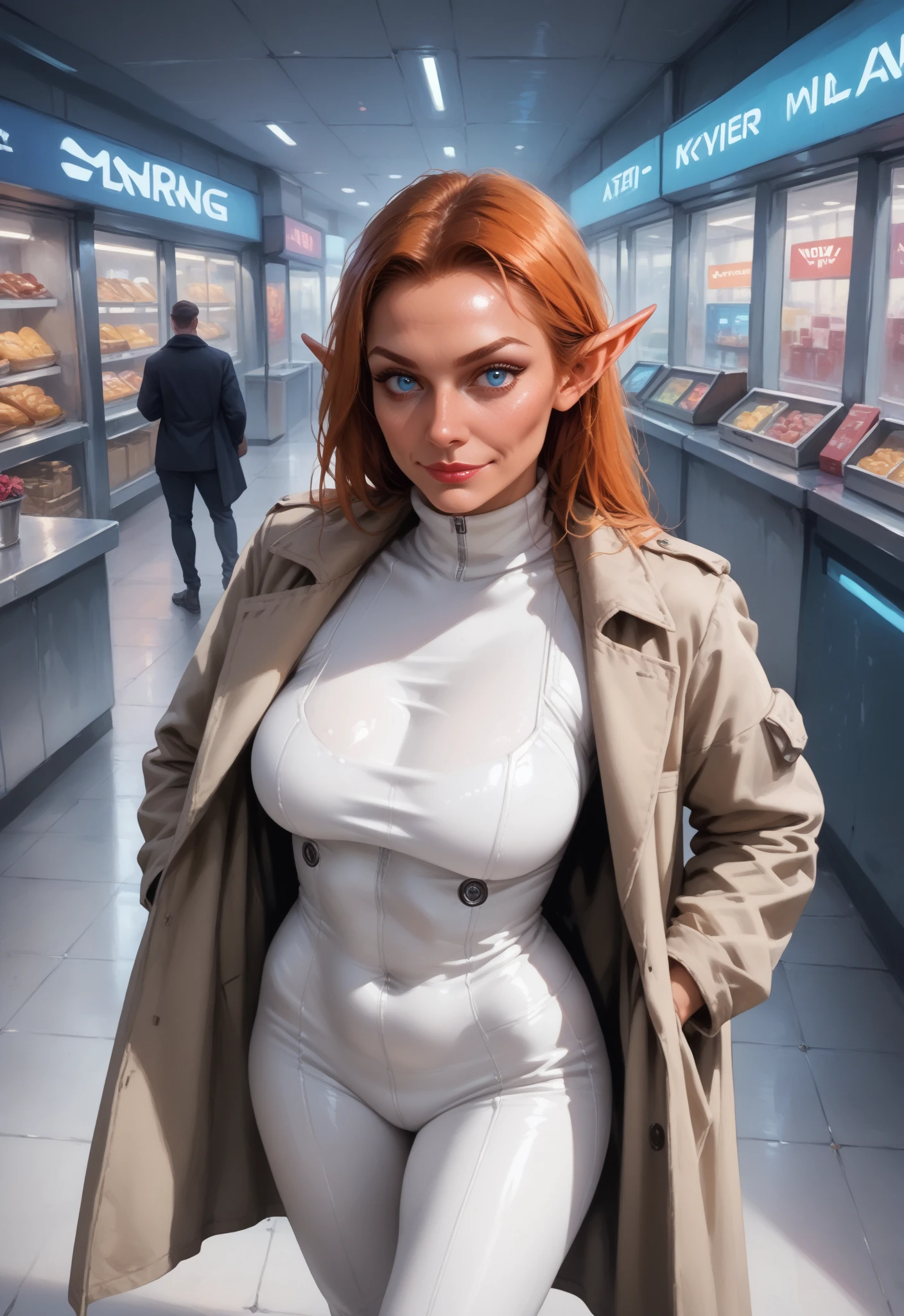 1girl, solo, photo of an alien assassin, best quality, score_9, score_8_up, score_8, score_9, score_8_up, score_7_up, score_6_up, embedding:zPDXL3, beautiful milf alien, red skin, orange hair, large pointed scaled ears, scaled tail, dredd_alien_xira, detailed blue eyes, smirking expression