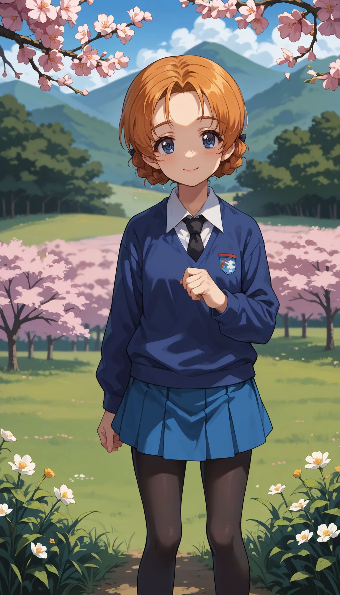 score_9, score_8_up, score_7_up, source_anime, outdoors,cherry blossoms,standing,cowboy shot,smile, flower field,
 <lora:GUPOrange:0.9> orange pekoe (girls und panzer), 1girl, braid, short hair, orange hair, blue eyes, parted bangs, twin braids, hair bow, 
st. gloriana's school uniform,blue sweater,black necktie,shirt,long sleeves,blue skirt,pantyhose,black pantyhose,loafers,black footwear