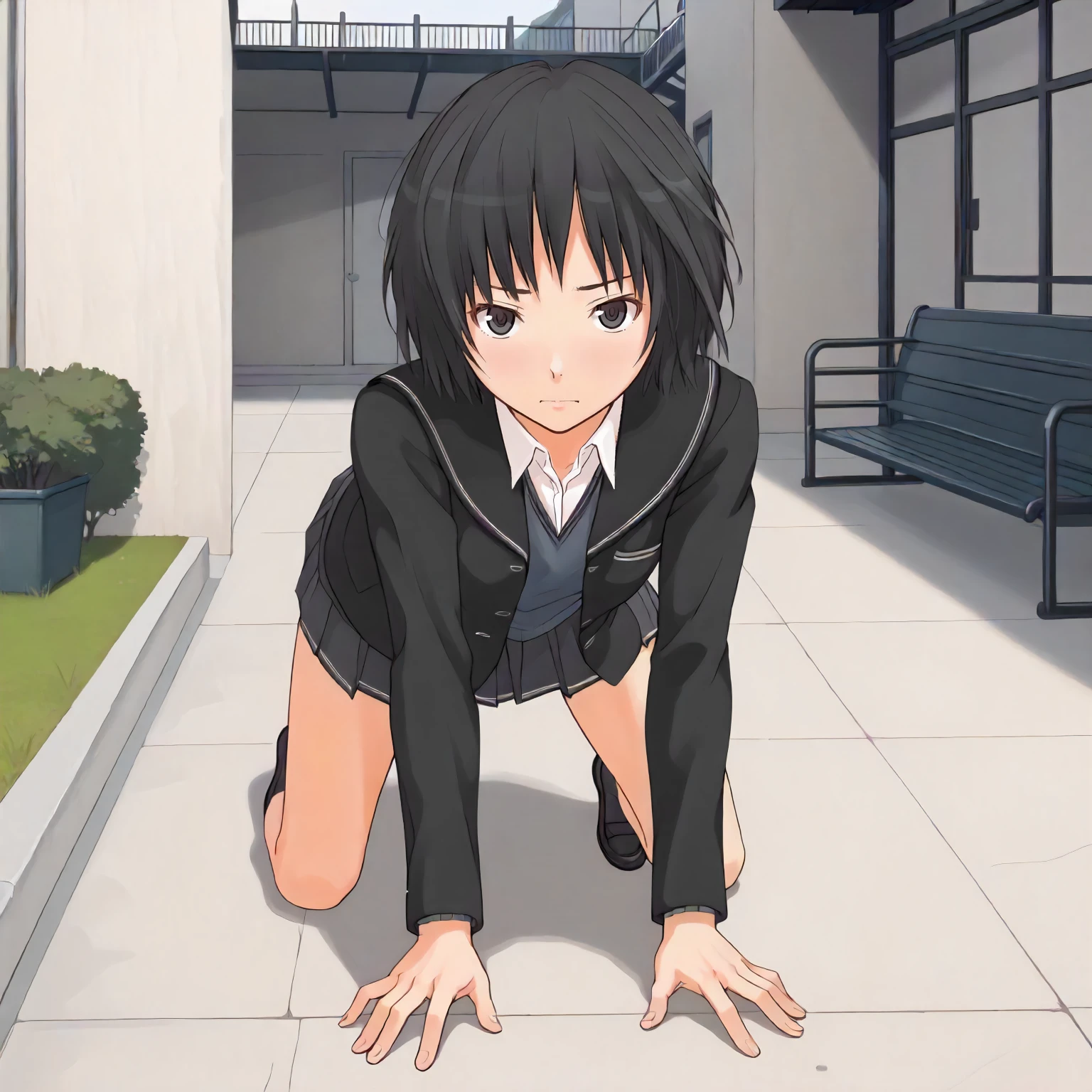 <lora:AG_AiNanasakiXLpony001>,
outdoors,
solo,
AiNanasaki,1girl,black hair,short hair,black eyes,
school_uniform,black jacket,open jacket,
pleated_skirt,
all fours,