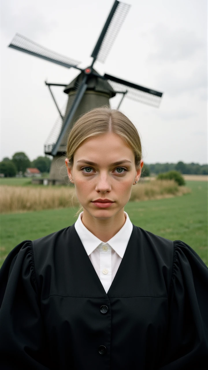 photograph, Female Judge, Windmill in background, shallow depth of field, Fujichrome Provia 100F, Selective focus,aidmaSD1.5woman