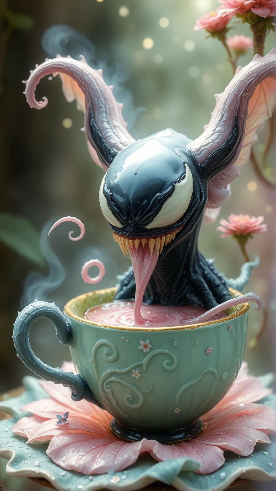 <lora:VenomStyleSDXL:1.4>VenomStyle fairies, teacup, whimsical, magical, fantasy, illustration, watercolor, pastel colors, mischievous, playful, floating, flowers, steam, delicate, intricate, dreamy, sparkles, glowing, enchanting, detailed background, bokeh, dream within a dream, soft focus