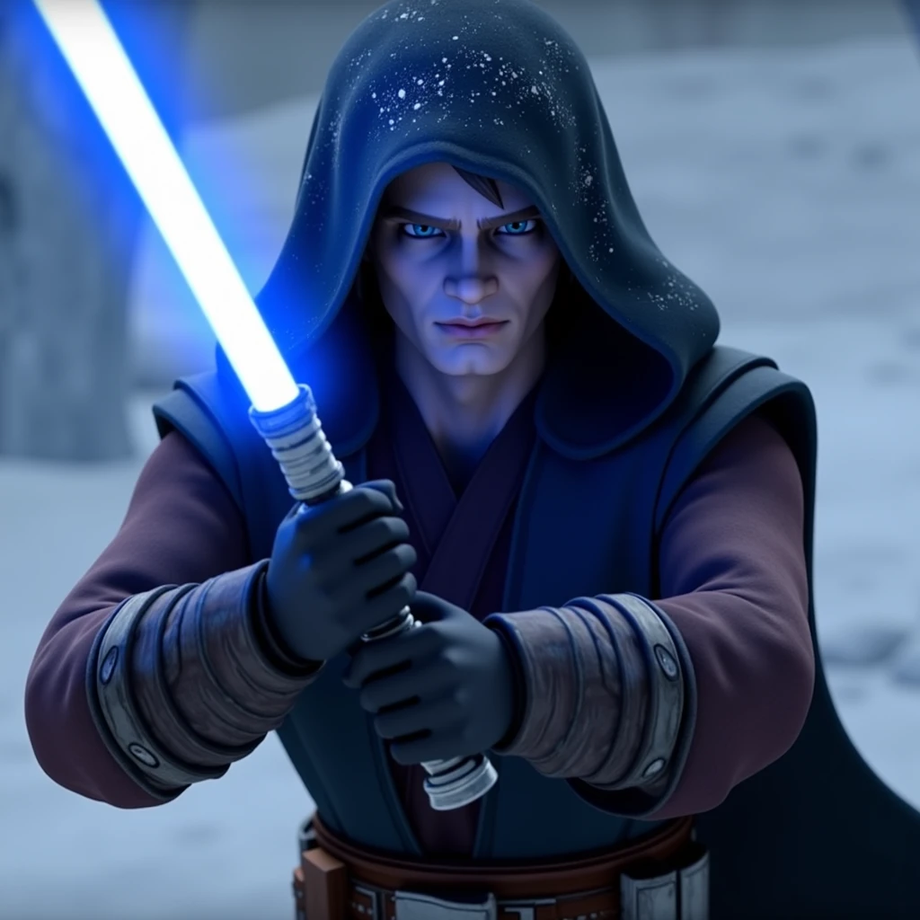 CGI,3D, TCWAK,  Anakin Skywalker, star wars, holding a blue lightsaber, hood over his head, high quality, snowy background, ice, 