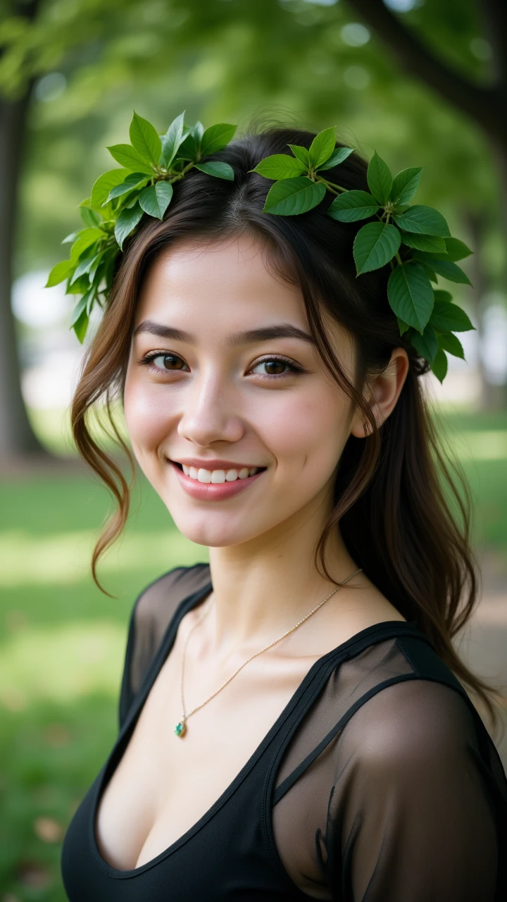 photograph, A kind-faced woman with a kind smile sits on a bench in the middle of a park, her hair is adorned with vibrant green leaves. Canon eos 5d mark 4, Depth of field 270mm,aidmaSD1.5woman