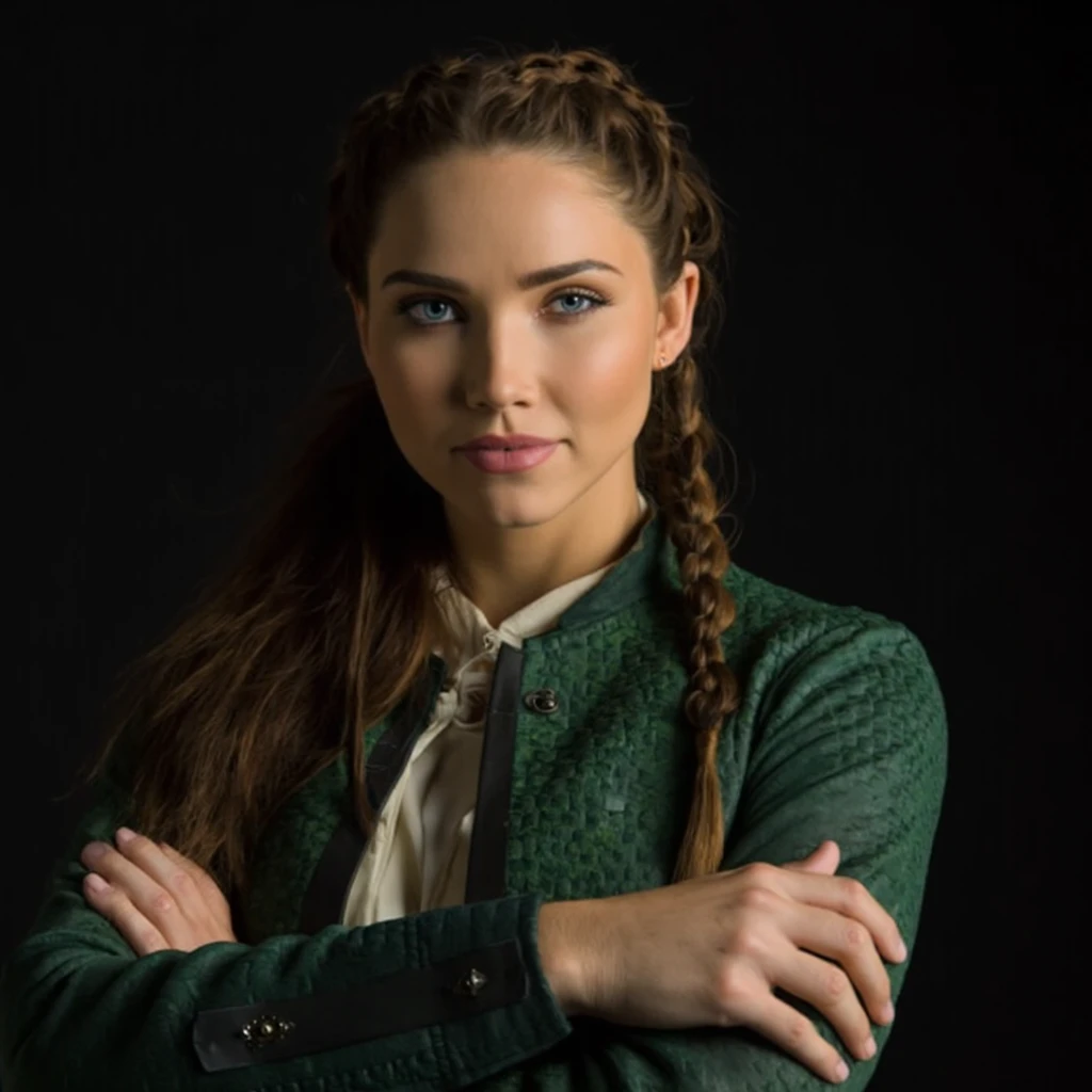 A portrait of jessica_green with long, dark brown hair styled in braids. She wears a textured green jacket with a white shirt underneath. Her arms are crossed over her chest, and she looks directly at the camera with a neutral expression. The background is a solid black, contrasting with the vibrant green of her attire. The image style is dramatic, emphasizing the subject's facial features and clothing details.