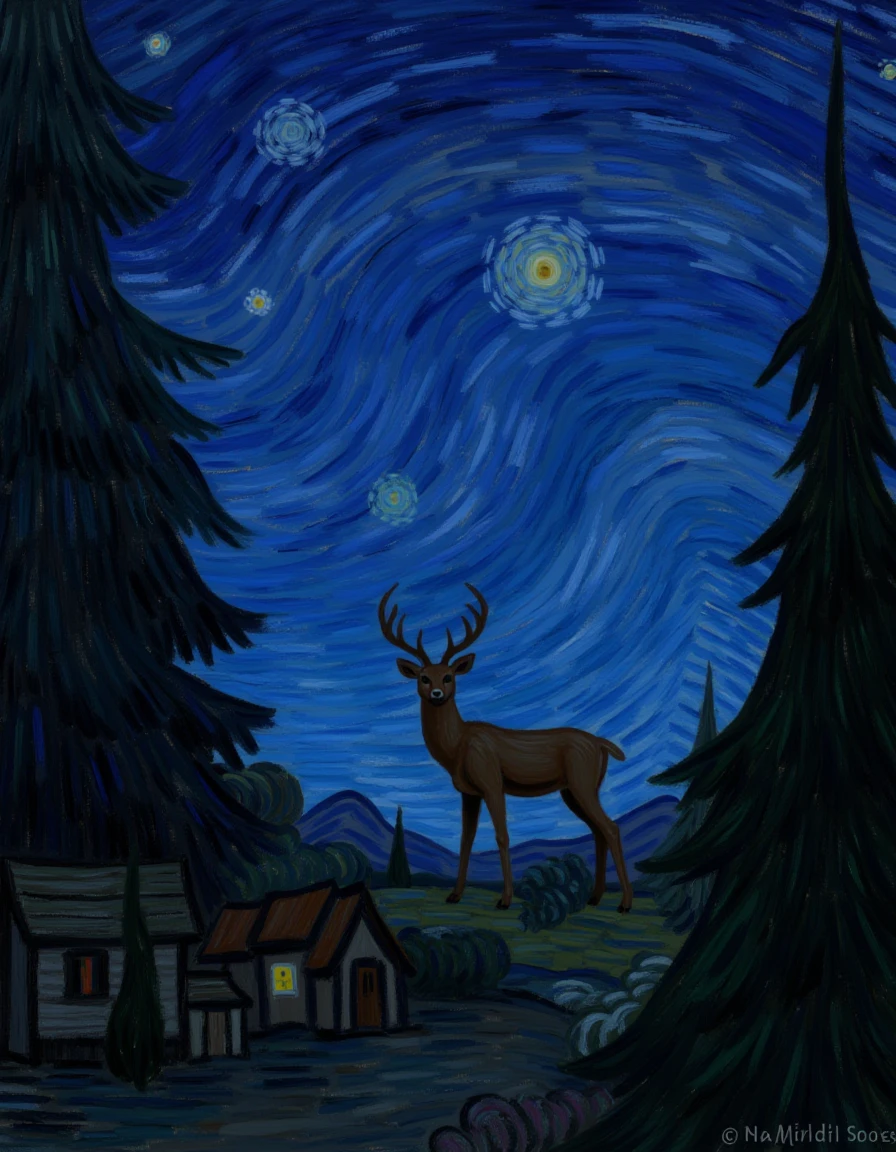 <lora:Starry-Night_v10-000013:1>, starry_night1, A deer in a forest glade