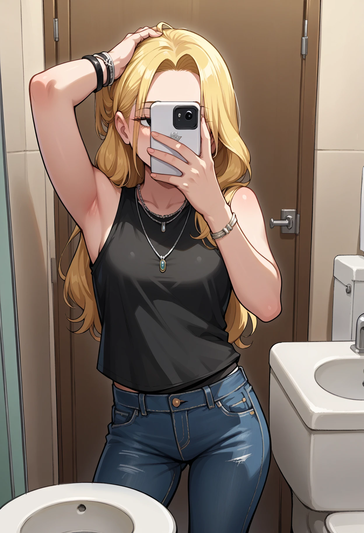 score_9, score_8_up,score_7_up, source_anime, 1girl, solo, kksh, holding phone, selfie,smartphone, looking at phone, covering face, hand up,
bathroom, pants, toilet paper, black tank top, jewelry, necklace, long hair, sink, jeans, denim, bracelet, contrapposto, taking picture, arm up, blonde hair, indoors, cowboy shot, standing, hand in own hair, armpits, hand on own head, sleeveless,
<lora:kksh_pdxl_EliPot:1>