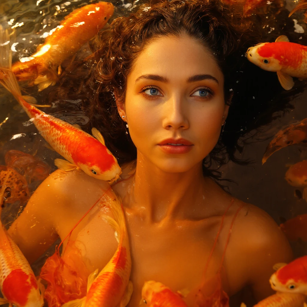 A vivid portrayal of jessica_green with long, wavy brown hair, set against a fiery orange and yellow background. She is submerged in water, surrounded by numerous orange and white koi fish swimming around her. The woman's gaze is intense and contemplative, and her skin is a warm, golden hue. The water reflects the warm colors of the background, creating a dreamy atmosphere. The image's style resembles digital art, blending realism and fantasy elements.