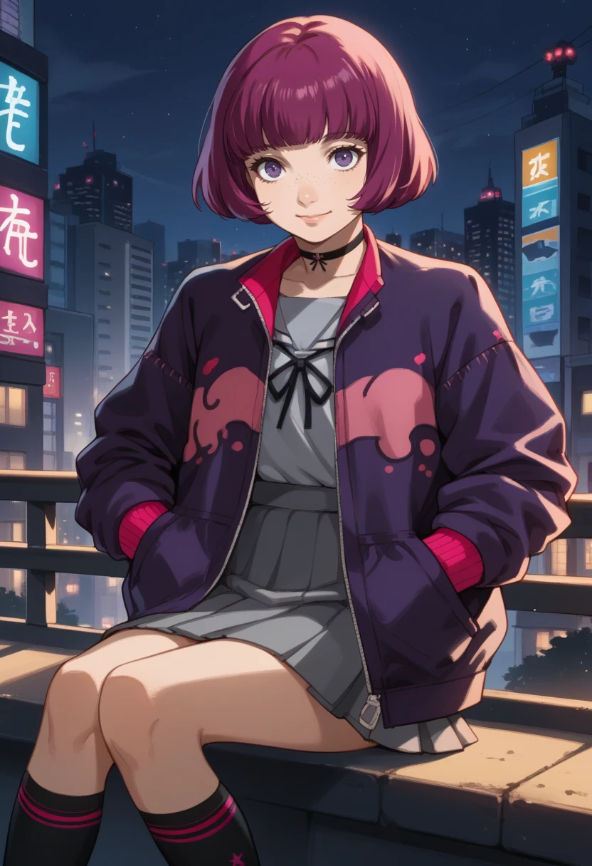 score_9, score_8_up, score_7_up, source_anime, 1girl, city, night, looking at viewer, smile, cowboy shot
<lora:zs_PolterXL:1> polterp5x, magenta hair, bob cut, purple eyes, freckles, choker, purple jacket, grey shirt, grey skirt, hands in pockets, black kneesocks, sitting