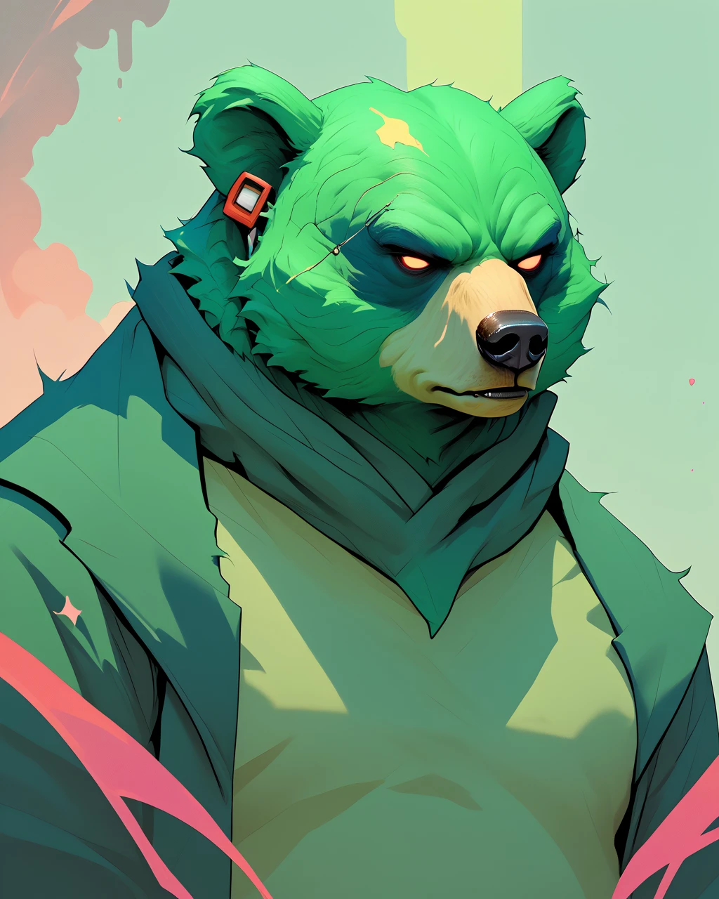 score_9, score_8_up, BREAK bear-animal, toxic-green skin, <lora:NeoNiNijiColorSteell 15:0.8> color contrast, niji style, niji, sharp lighting, neon color palette, high contrast, surrealistic glow, vector art influence, anime-influenced art style, sleek, focus on geometry, sharp lighting, stylized expression, digital painting, cosmic color:steell