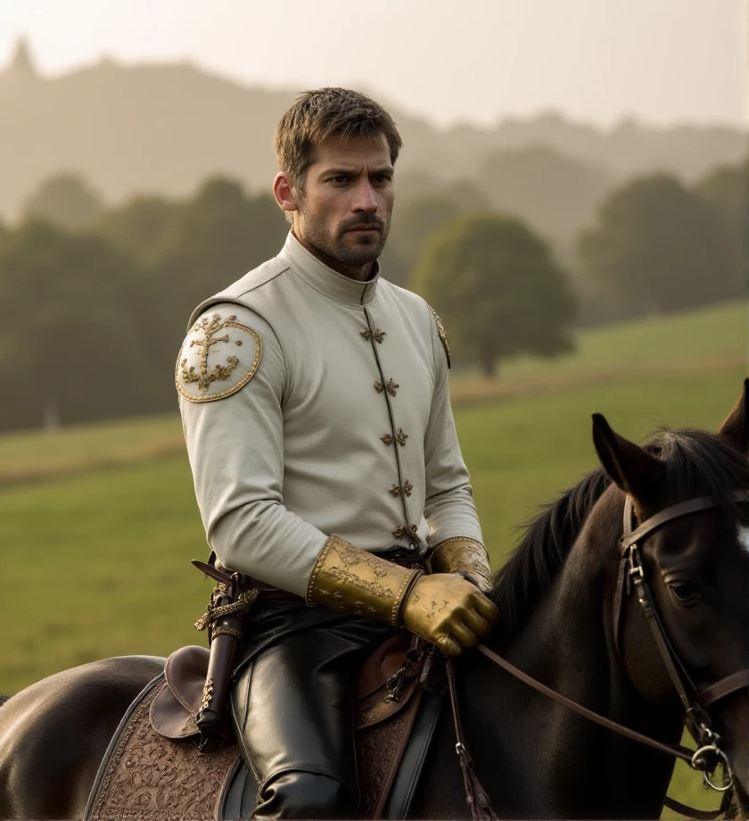 bokeh,  outdoor,  <lora:jaime-lannister-flux-j3mil4:1>game of thrones style,  j3mil4 with his golden hand prominently displayed, wearing an elegant white shirt and black leather trousers, riding his horse across the green meadows of Casterly Rock