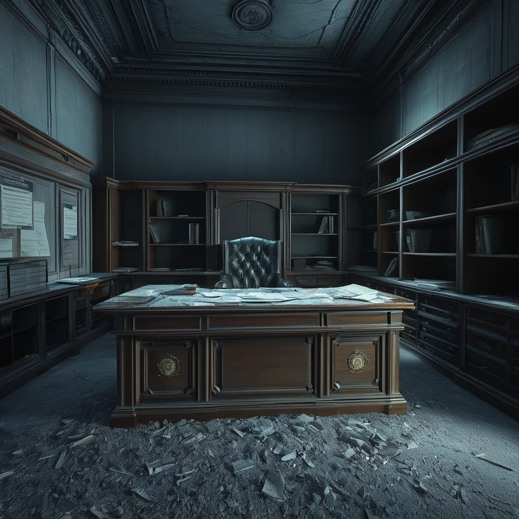 <lora:Doctor_Pollutions_Paranormal_Asylum_DX_-_Realistic_Freedom:1>,docpollparan, office, asylum, abandoned, directorate, bureau, unreal engine, 4k, masterpiece, trending on artstation