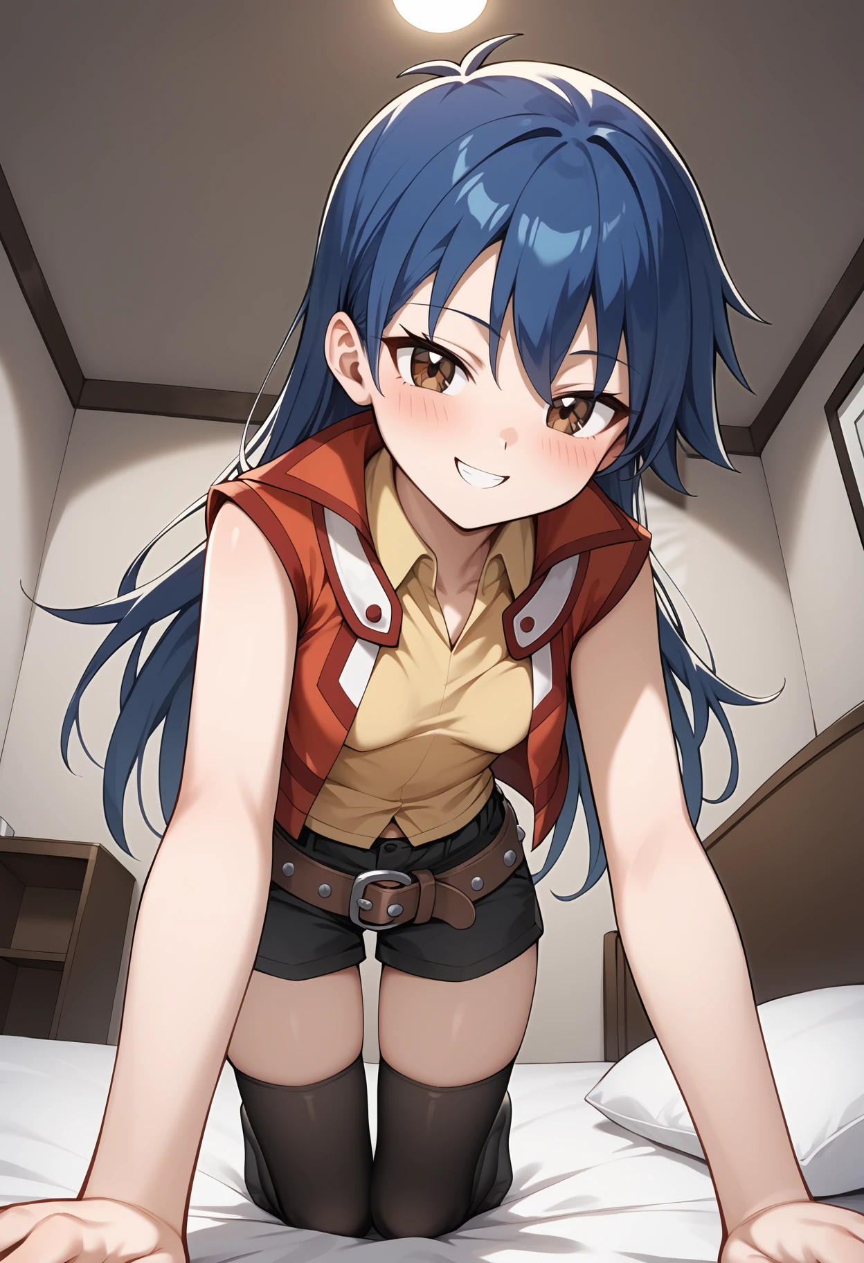 score_9, score_8_up, score_7_up, score_6_up, score_5_up, score_4_up, source_anime, aarei, long hair, blue hair, brown eyes, small breasts, collared shirt, yellow shirt, red jacket, sleeveless, belt, black shorts, black thighhighs, <lora:saotome_rei_ponyxl_v1:0.9>, on bed, bedroom, all fours, naughty face, smile, blush, from below,