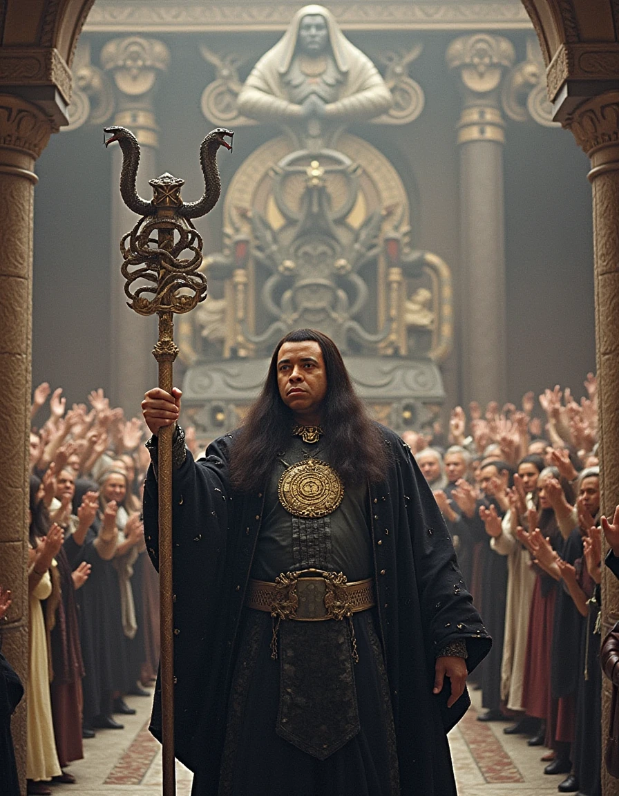 <lora:Thulsa_Doom_Flux:1> thulsad00m in a ancient temple snake worship, wearing black robes, gold medallion, holding a scepter with two snakes. A crowd of people worshipping him.