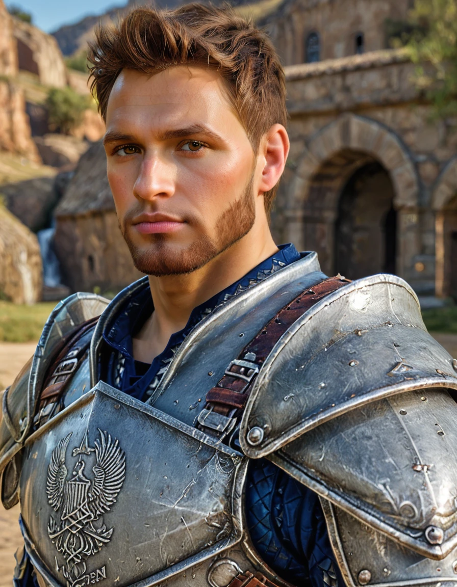 high quality, realistic, masterpiece, fantasy background
BREAK <lora:Dragon Age - Alistair Theirin - (Pony)_epoch_7:1>, (da_alistair, male, brown eyes, facial hair, warden armor), looking at viewer