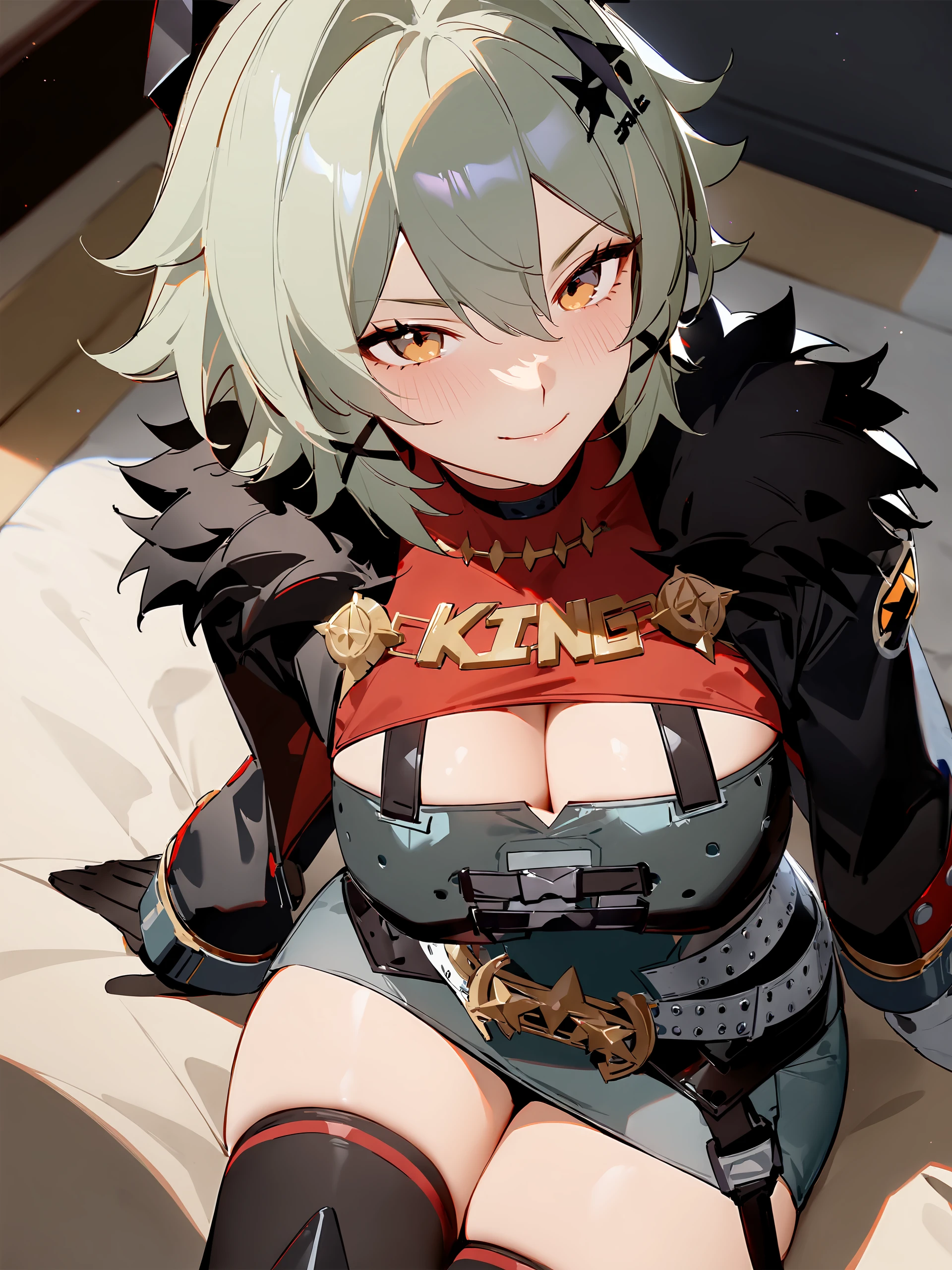 1girl, caesar king \(zenless zone zero\), horns, x hair ornament, hairclip, turtleneck sweater, mechanical arms, pencil dress, fur-trimmed jacket, arm out of sleevesingle sock, sitting, bedroom, leaning forward, from above, looking at viewer, smirk <lora:Char-ZZZ-Caesar-XL-V1:0.9>, masterpiece, best quality, very aesthetic, ray tracing, newest,(hitenkei, askzy:0.5)