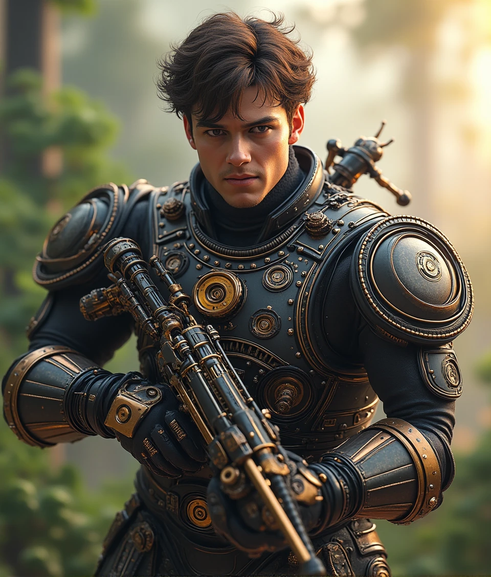 a young and handsome man holding weapon and angry,MECHSCARAB