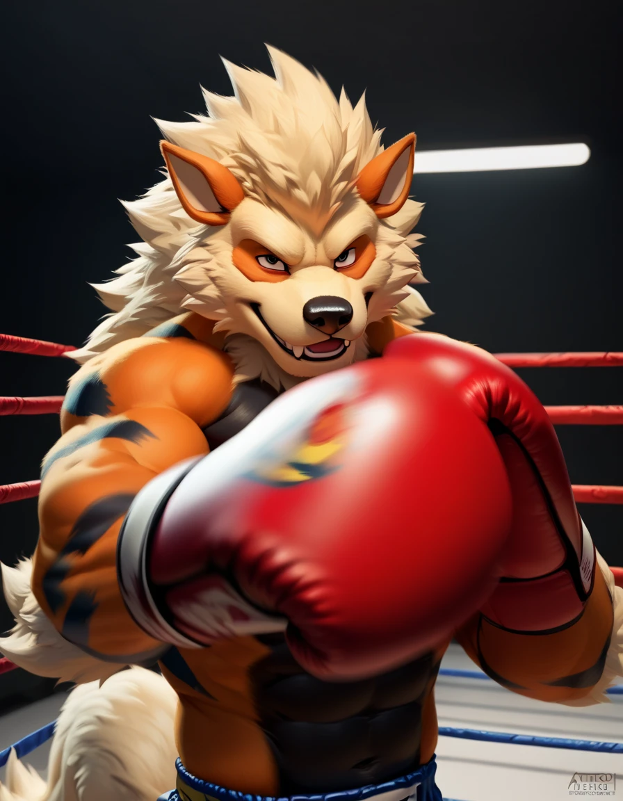 zPDXL3,  source_furry, <lora:POV_Boxing_3:1> pov_boxing, ((punching_the_viewer, motion_blur, punching)), boxing gloves,  fighting ring, dynamic perspective, foreshortening, shallow depth of field, 
BREAK
 <lora:POKEMON_ARCANINE:1> arcanine, pokemon \(creature\), solo, no humans, furry male, anthro, muscular, bara, looking at viewer, bedroom eyes, smile, upper body focus,