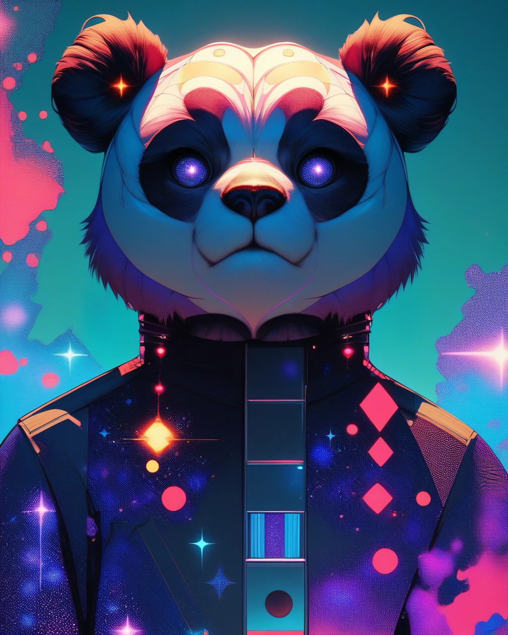 score_9, score_8_up, score_7_up, panda, <lora:neoninijicolorsteell_v2:1> color contrast, niji style, niji, sharp lighting, neon color palette, high contrast, surrealistic glow, vector art influence, anime-influenced art style, sleek, focus on geometry, sharp lighting, stylized expression, digital painting, cosmic color:steell-purple