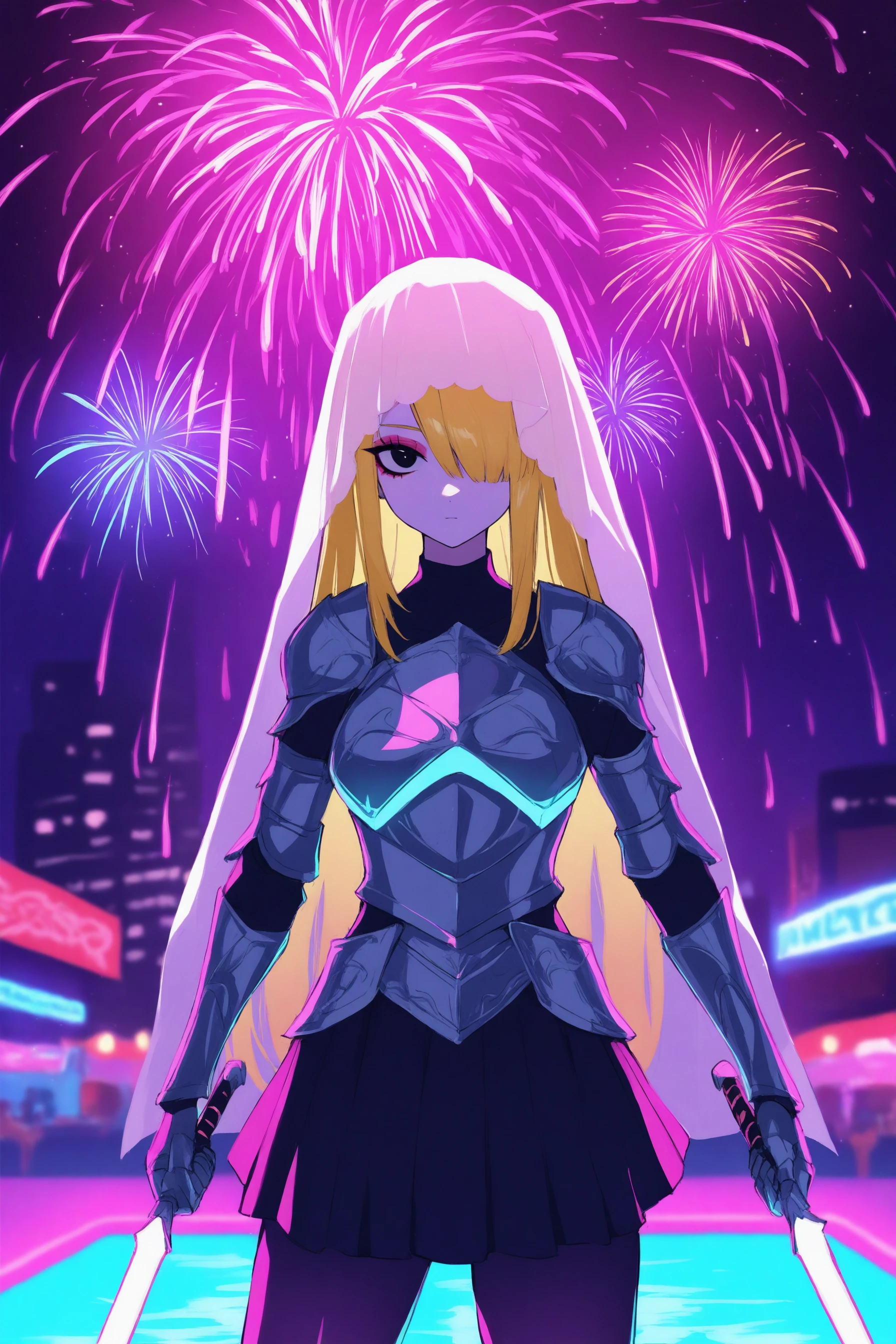 masterpiece,best quality,ultra-detailed,depth of field,newest,neon,1girl,solo,black eyes,eyeshadow,blonde hair,long hair,hair over one eye,sisters,veil,armor,skirt,black pantyhose,expressionless,holding sword,dual wielding,looking at viewer,cowboy shot,standing,outdoors,city,night,pool,party,festival,neon palette lights,sparkle,fireworks,meteor shower,<lora:neon_ilxl_v1:1>,